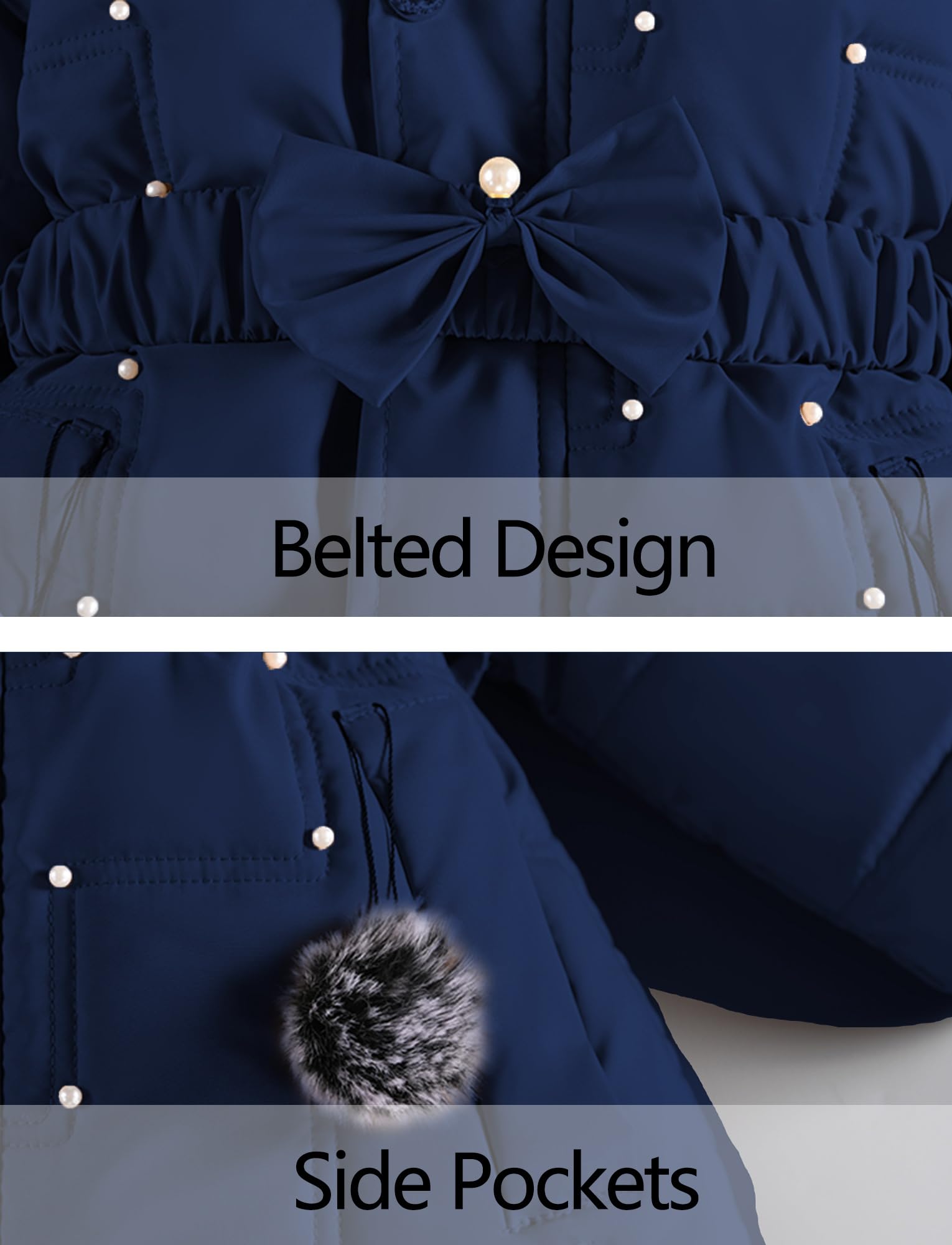 Maeau - Manteau à Capuche Détachable Fille Hiver Veste Mi-longue Chaude Parka Matelassée Doudoune Epaisse Rembourré avec Ceinture Élastique Nœud Papillon 3-9 Ans