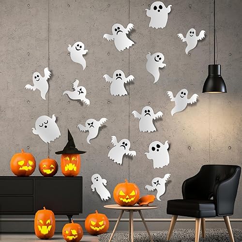 Decoración de pared de fantasma de Halloween, 21 piezas de calcomanías de fantasmas 3D, decoraciones de Halloween, reutilizables, autoadhesivas,