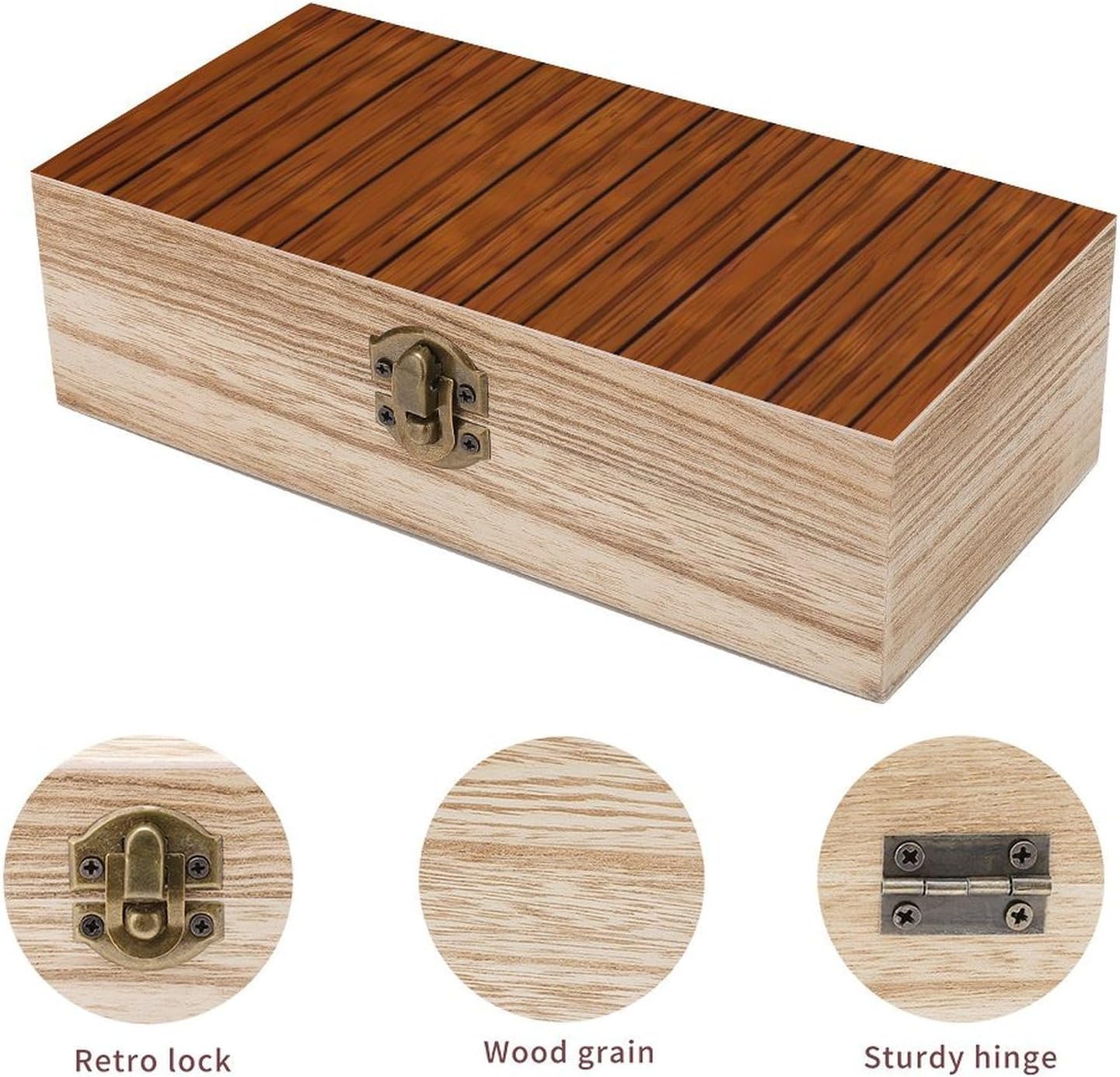 Brown Wood Pattern Memory Jewelry Wooden Box, Large Wooden Treasure Chest Boxes with Hinged Lid, Photos Storage Case for Women Men, Wooden Keepsake Box, 7.9'' X 3.9'' X2.3''