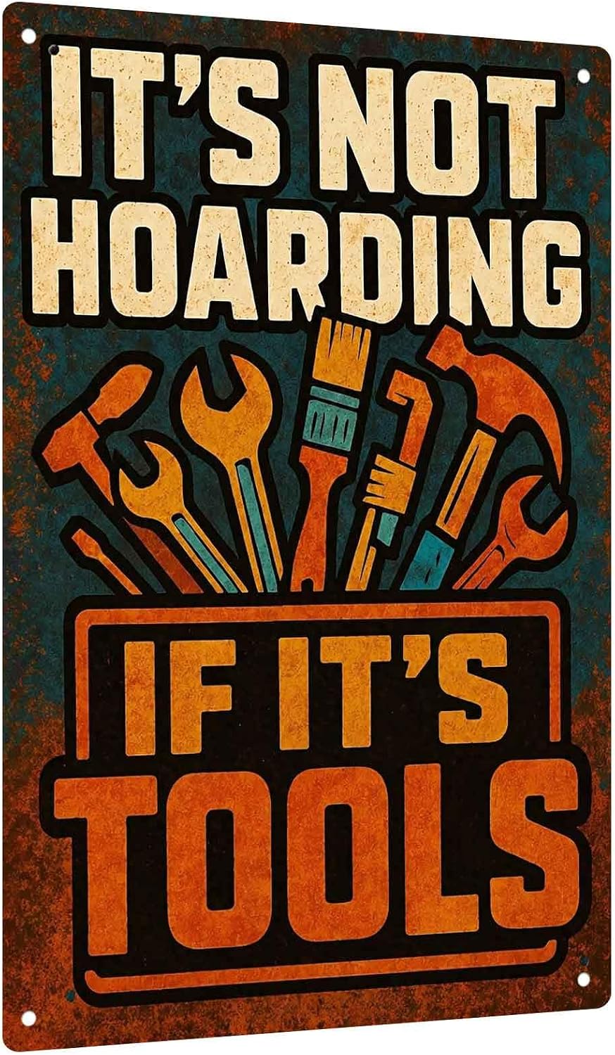 Funny Vintage Aluminum Metal Sign, 8X12 Inch, It's Not Hoarding If Tools Wall Decor, For Workshop Garage Shed Man Cave Handyman Hobbyist