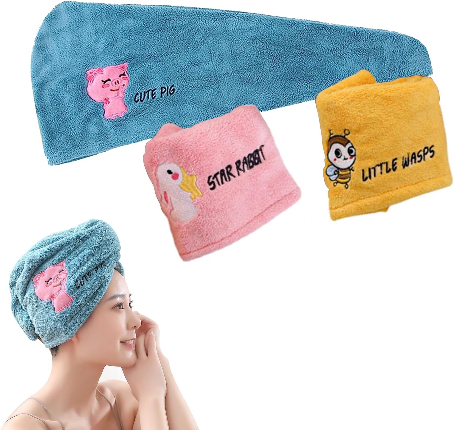 EnixwHPack of 3 Hair Turban, Microfibre Turban Towel, Turban Towel with Button, Hair Drying Towel, Absorbent, Super Absorbent for Hair, Quick Drying, for Women, Girls, Children, All Hair Types