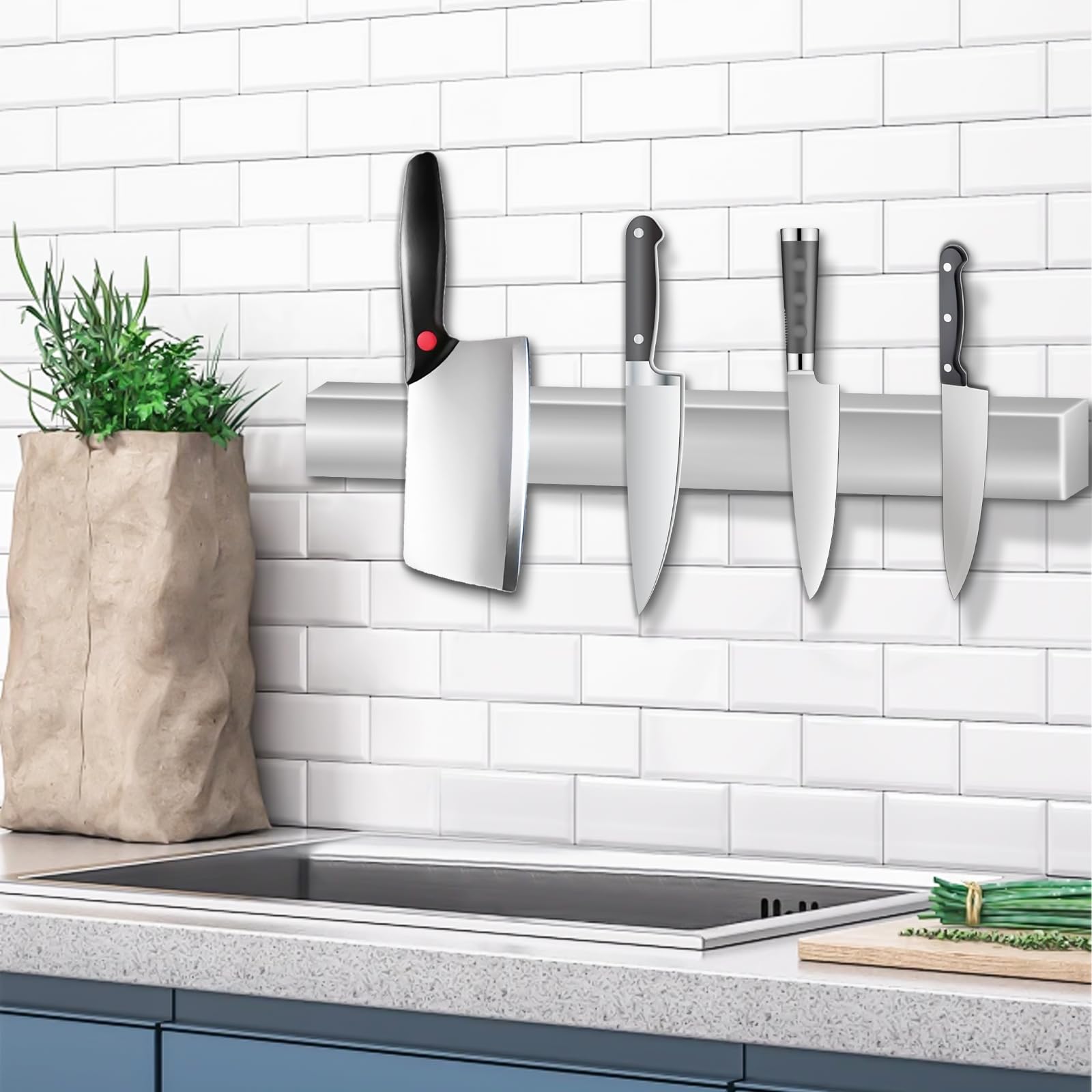 Barra magnetica con 3 ganci e tappetino antiscivolo, supporto magnetico in acciaio inox, per utensili da cucina o utensili, 40 cm