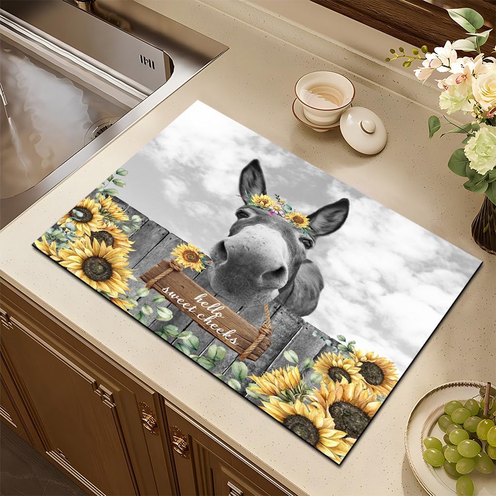 HVEST Yellow Floral Dish Drying Mat for Kitchen Counter, Funny Farmhouse Animal Donkey and Sunflower Print Diatomaceous Absorbent Drying Mat for Kitchen Coffee Table Bar Decor Mats, 24W X 16L inches
