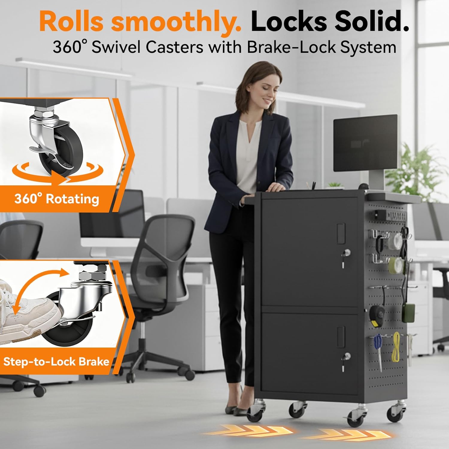 Mobile AV Cart - Heavy Duty Computer Cart with 2 Cabinets, Rolling Media Cart with 4 Outlets & Pegboard & Hooks, Lock Brake Wheels Mobile Computer Workstation, Perfect for Home or Office