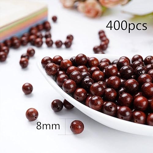 Miniatura 2 de 400 cuentas de madera natural, cuentas redondas marrones para pulseras y collares (marrón-0.8)