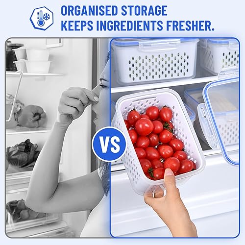 Miniatura 5 de Recipientes grandes de frutas para refrigerador, recipientes de almacenamiento de alimentos a prueba de fugas con colador extraíble, aptos