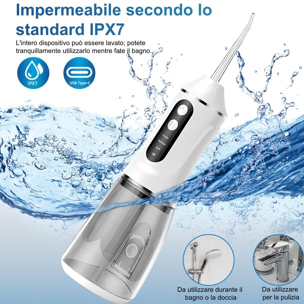 OraSmile Idropulsore Dentale Portatile Elettrico - 3 Modalità, per Uso Domestico e Viaggi