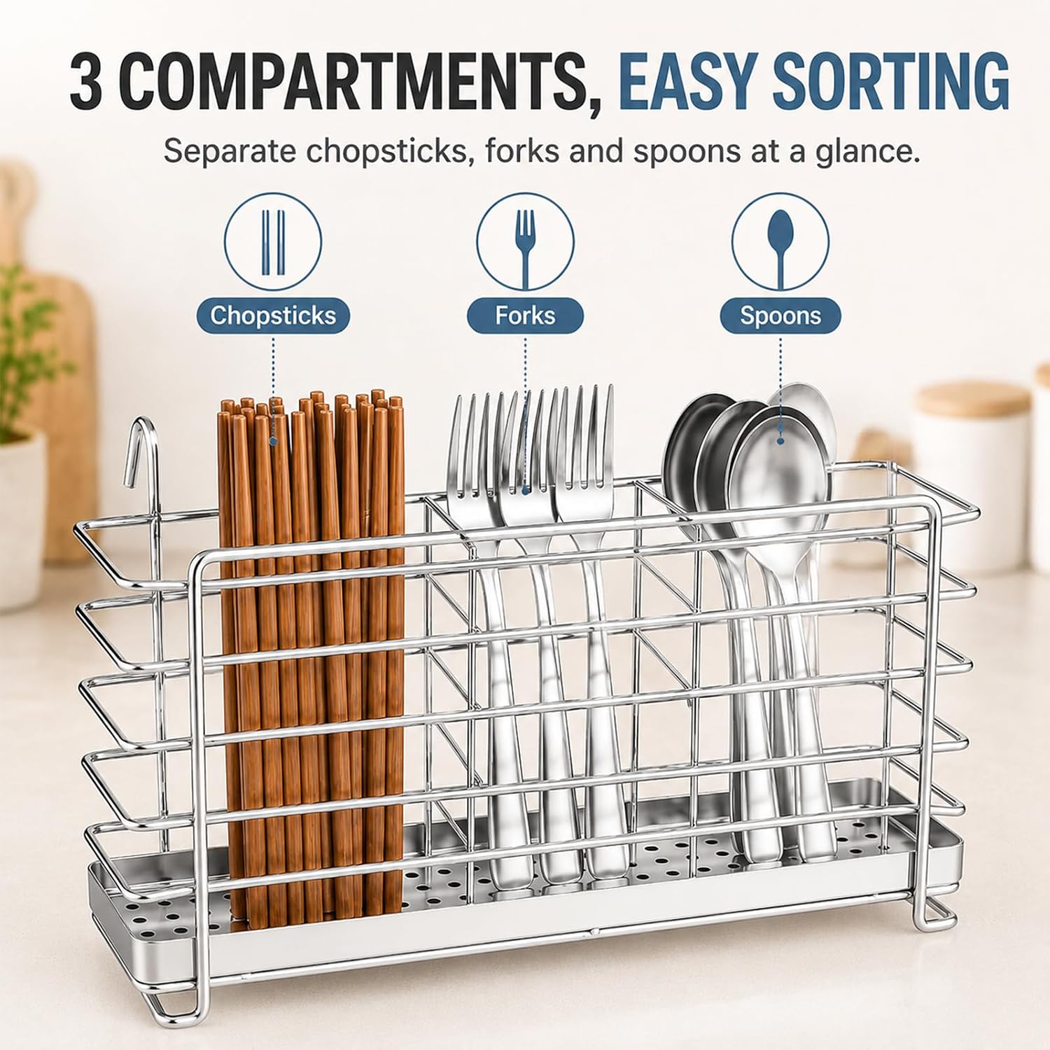 Kitchen Utensils Chopsticks Holder Drying Rack Basket with Hooks 3 Divided Compartments Quality Stainless Steel Large L8.7 X H4.33 X W1.77 image 4