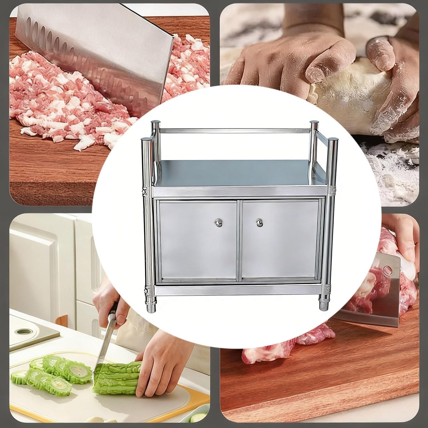 Stainless Steel Shelf with Cabinet Doors Worktable Double-Tier Kitchen Workstation Floor-Standing Sideboard Features Guardrail Edging Design Metal Prep Countertop H66cm(50x50x66cm/19.7x19.7x25.9”)