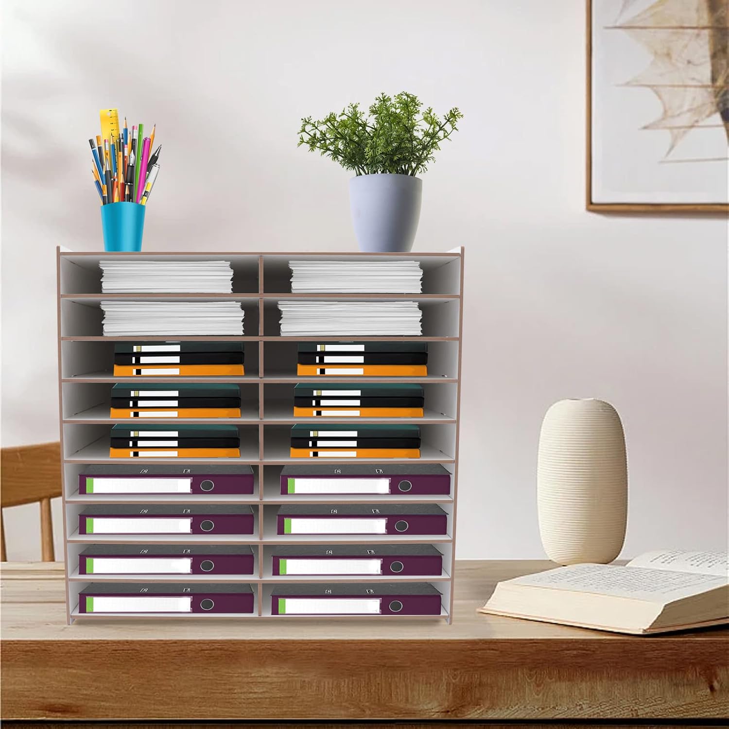 18 Slots Literature Organizer Desktop Document Mail Literature Classroom Mailbox Office Mailbox Organizer Wood Adjustable Literature Literature for Office Home School Classroom Keepers