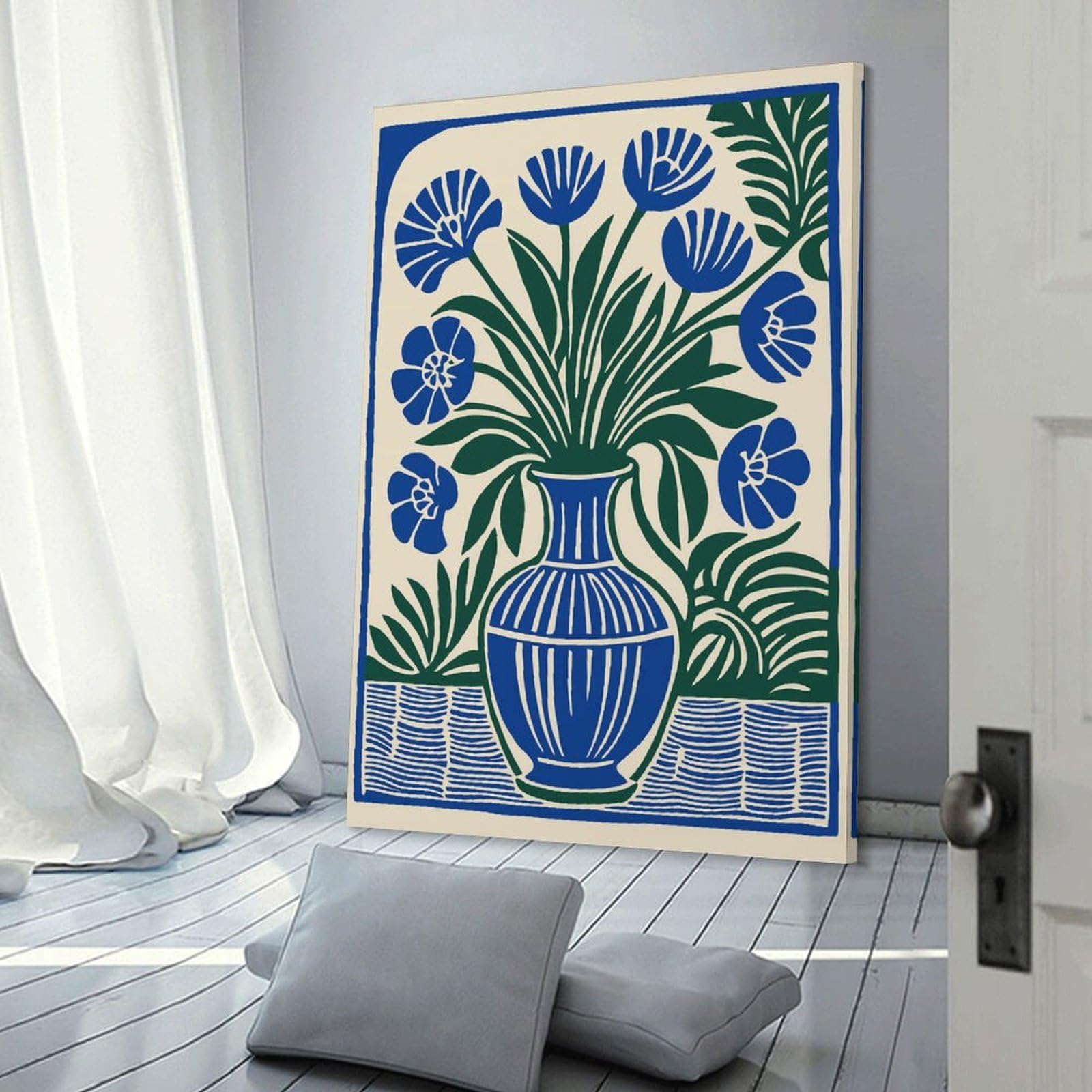 Junmoney Blue Flowers in Vase Still Life Wall Art Print, 24x36inch(60x90cm), for Office, Study Or Home Workspace, Decorative Artwork for Productive Spaces