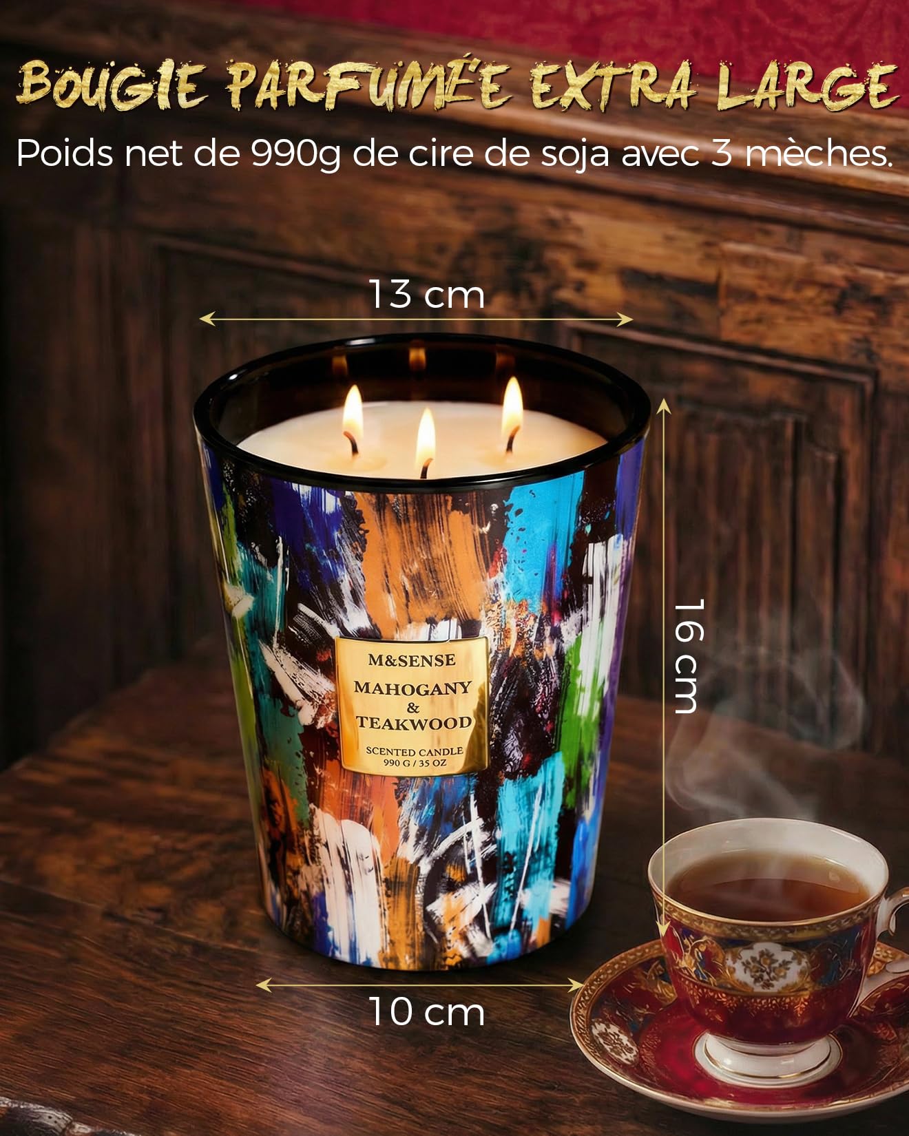 M&SENSE Grande Bougie Parfumée 3 Mèches, 990g Cire de Soja Acajou et Bois de Teck, 150 Heures, Bougie Décorative Luxe Verre Peinture à l'Huile, Cadeau Maison Bureau Concentration Homme Femme