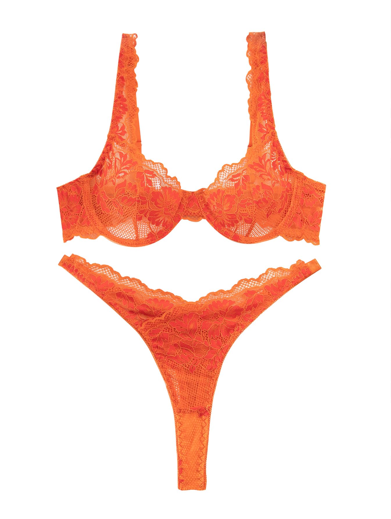 Lilosy Sexy Floral Lace Scallop Underwire Push Up Sheer Lingerie Set Outfits: X-Large Orange