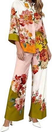 Kubsid Women Outfits Sets Casual Floral Button Down Shirt Wide Leg Pants Beach Sexy Matching Loungewear Workout Sets