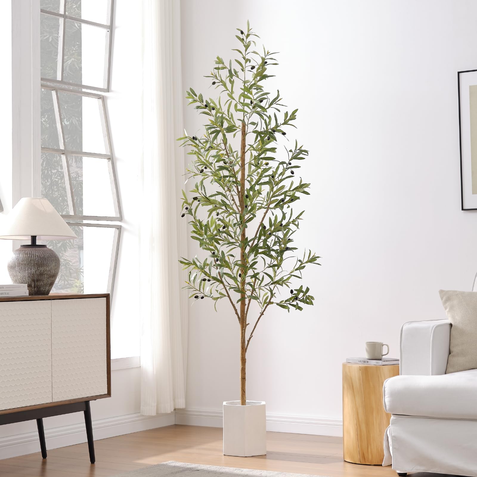 Olivo Pianta Artificiale 210cm alta con Tronchi Natural, Piante Finte da Interno Grandi Ha 756 Foglie e 54 Frutti, Albero Artificiale Interni Per Soggiorno Ufficio Giardino Dec