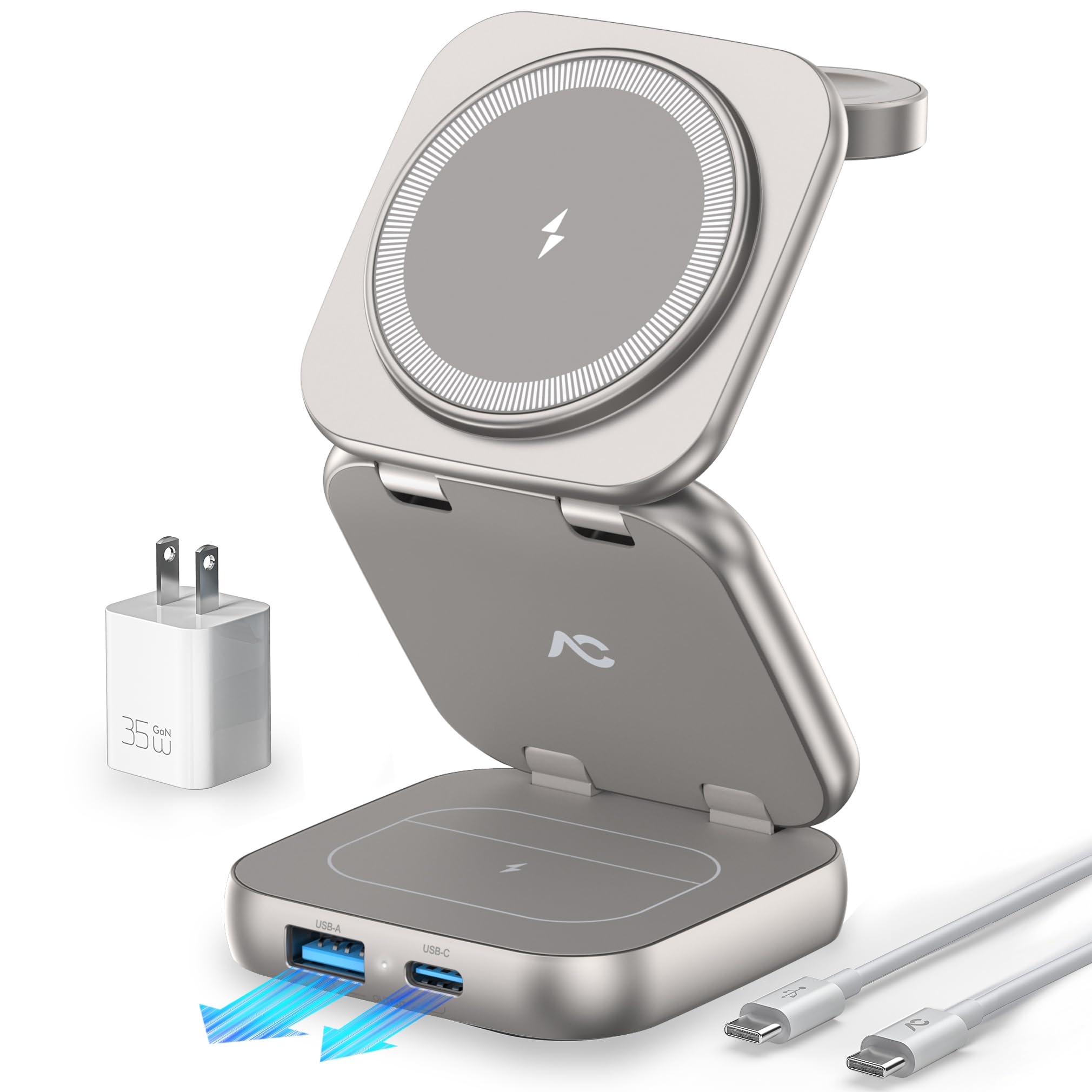 5-in-1 Wireless Charger for Magsafe, AC ISLAND Aluminum Charging Station for Apple, 15W Snap Magnetic Multi Charging Stand Dock for iPad iPhone 12-17 Apple Watch AirPods (with 35W GaN Adapter)