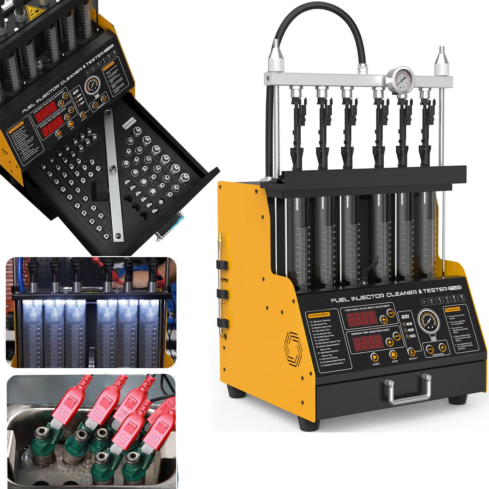 Fuel Injector Cleaner Tester, 6 Cylinder Cylinder Injector Cleaner Machine, 9 Types Adapter, 3 Cleaning &amp; 10 Testing Functions for GDl,EFI,FSI,12V/70V/120V Option, CT400