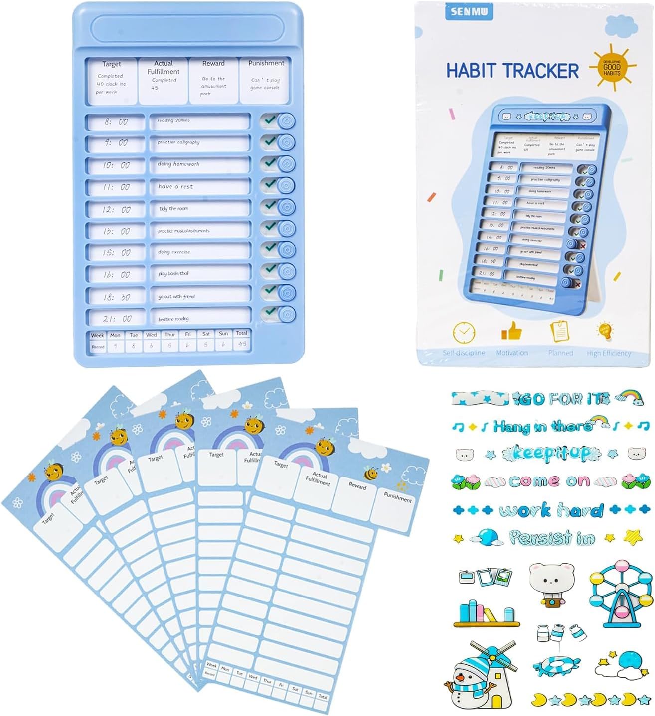 Habit Tracker Daily Planner for Adults – Plastic Checklist Board with 15 Detachable Cardstock To Do List Cards – Chore Chart, Reward Chart & Task Planning Board for Wall or Table Use (Blue)