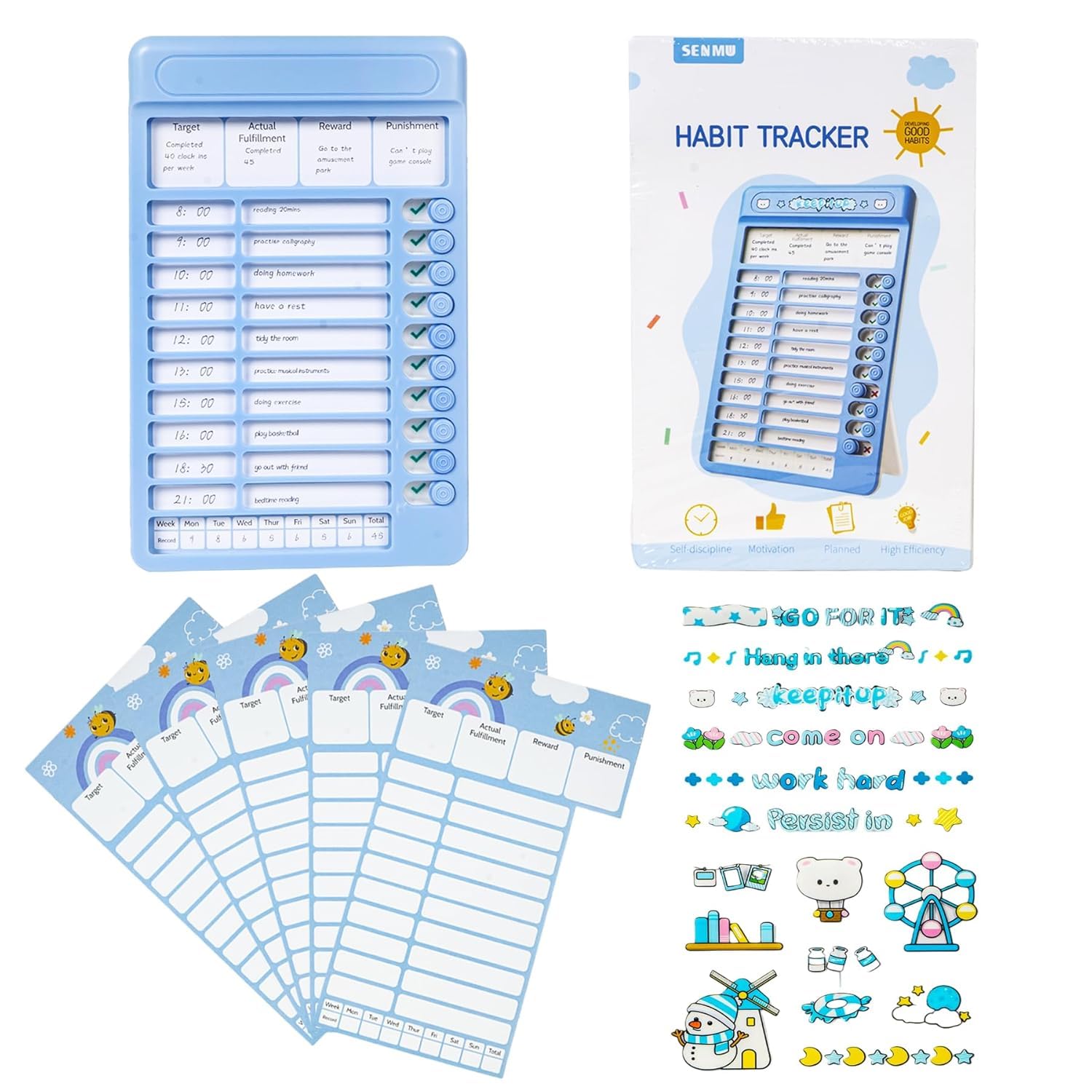 Livello Habit Tracker Kids Chore Chart, Plastic Checklist Board with 15 Detachable Cardstock to Do List for Home Routine Planning, My Chores RV Checklist Task Planning Board (Blue)-picture-27
