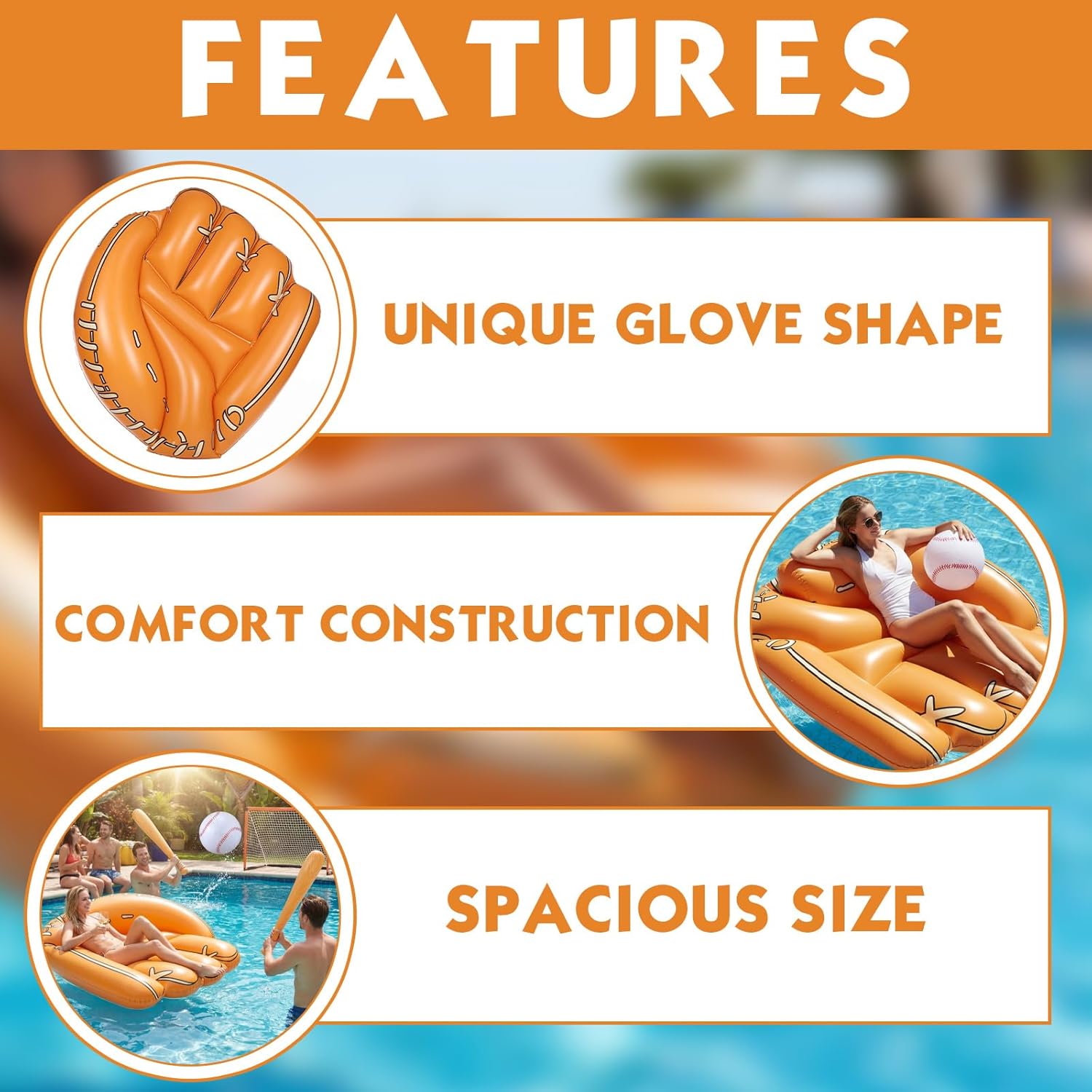 4 Pcs Giant Inflatable Baseball Glove Pool Floats with Jumbo Inflatable Baseball Bats 31.5 Inch and Beach Ball 16 Inch for Themed Birthday Sports Party Decorations Favors Funny Pool Ball