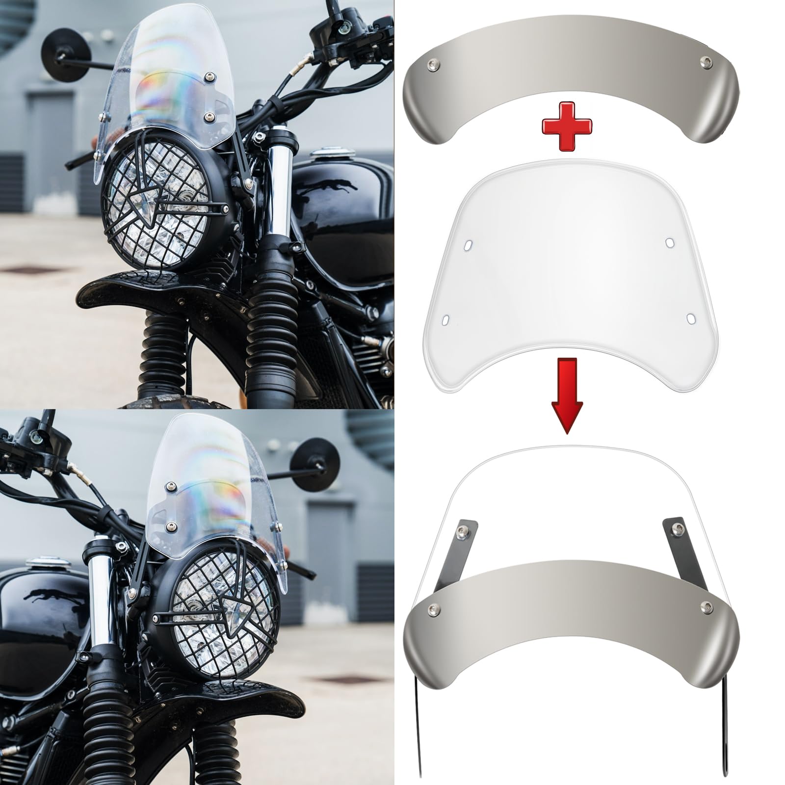 DREAMIZER Parabrezza moto universale, parabrezza moto retrò compatibile con 5"-7" Fari Rotondi, Parabrezza e Deflettori per Bobber Cafe Racer Chopper Cruiser (Trasparente)