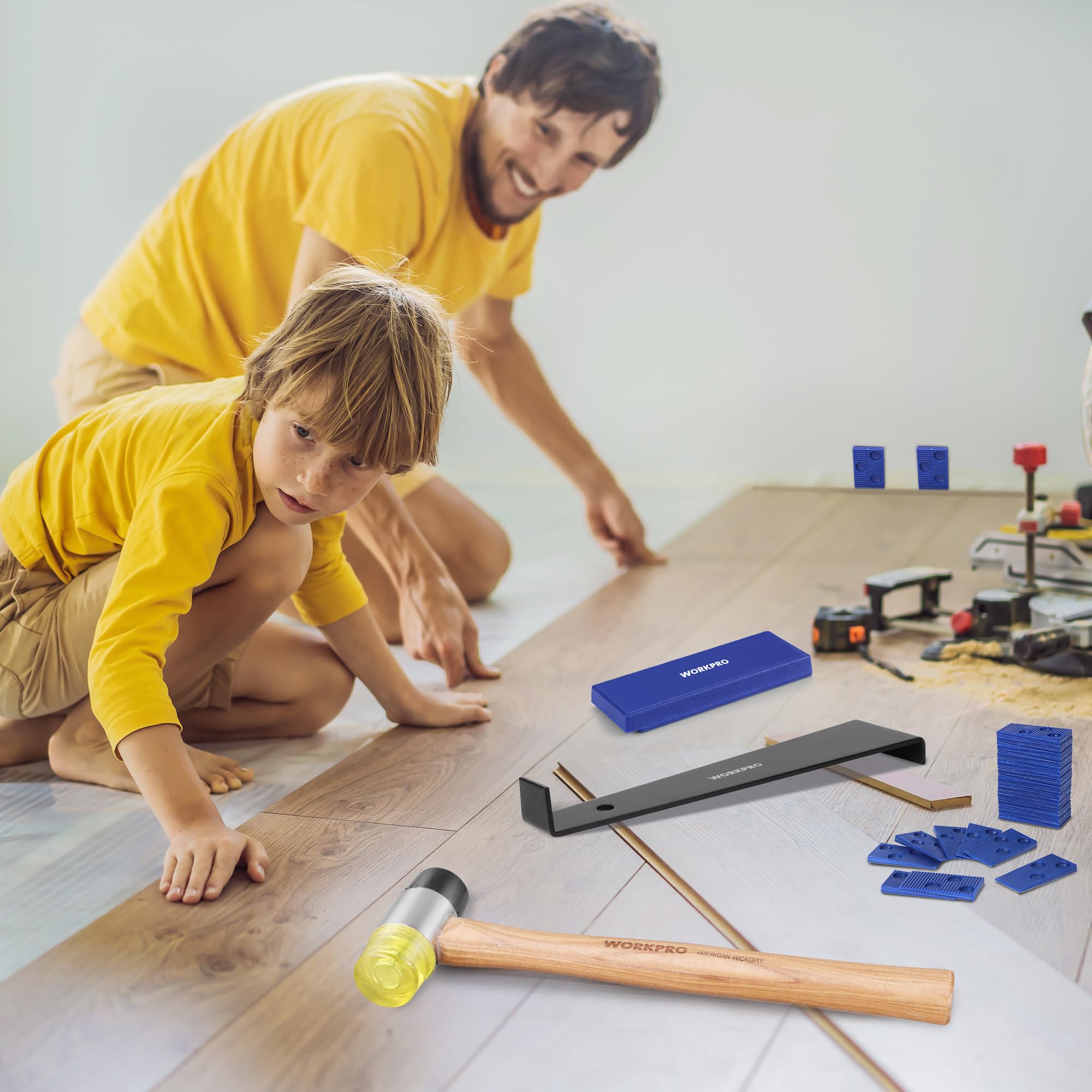 WORKPRO Herramientas para Suelos Laminados con 30 Separadores, Kit de Instalación de Suelo y Piso Laminado, Martillo de Doble Cara, Barra de Tracción y Taco de Impacto
