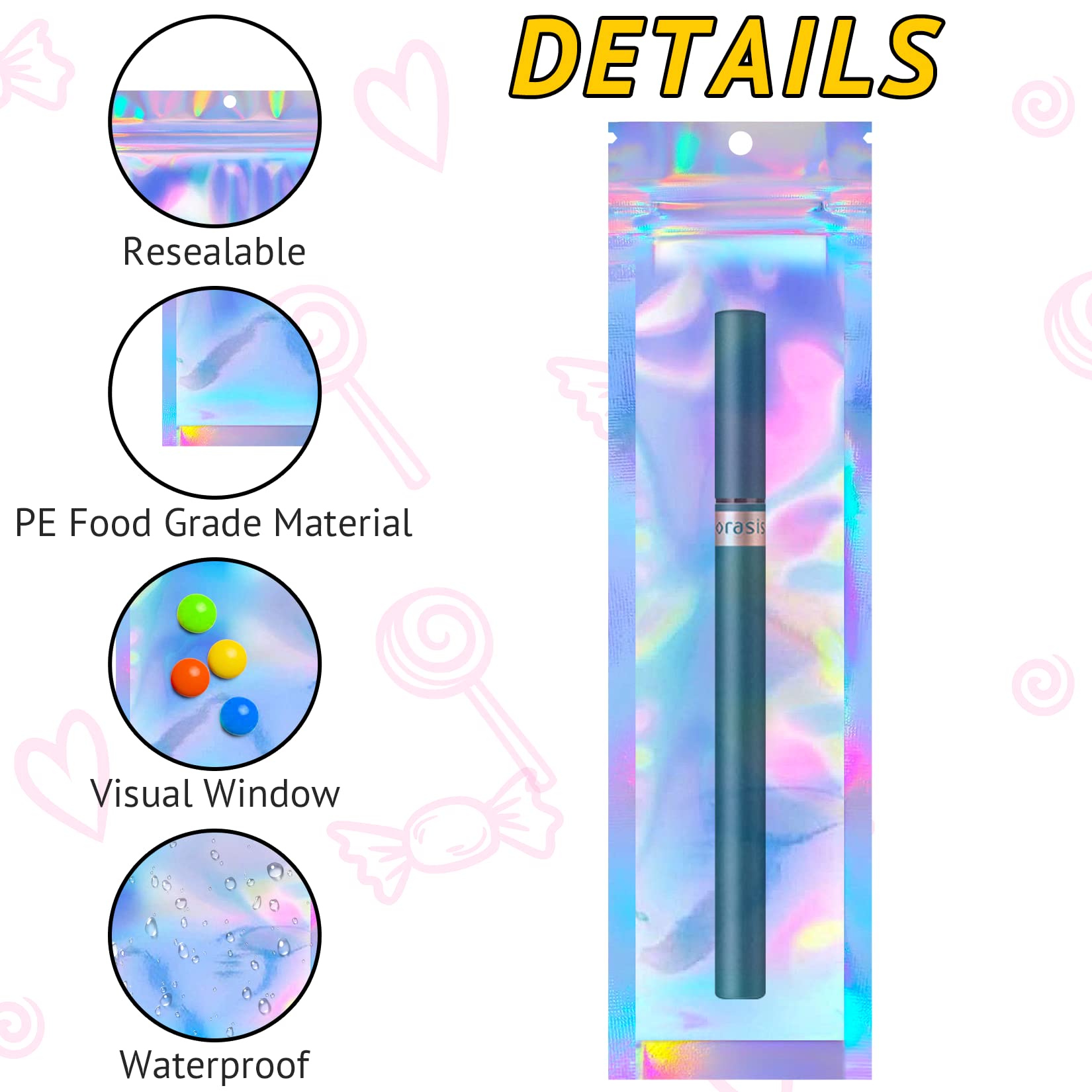 Artcut 100 PCS Mylar Bags, Resealable Stand Up Pouch Foil Holographic Bags, Smell Proof Baggies(Holographic, 2.4 * 9inch) - Image 3