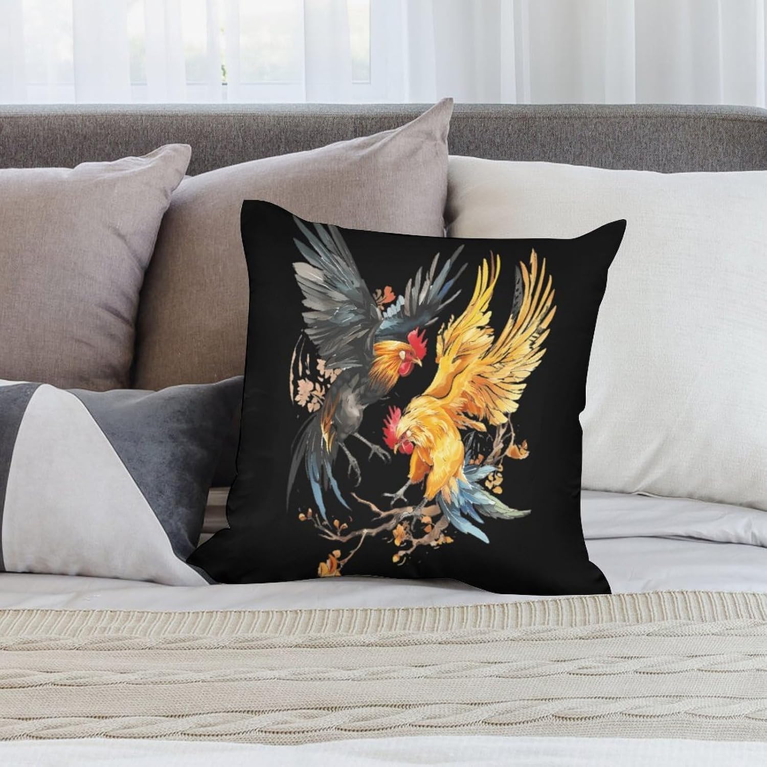 Rooster Chicken Fight Printed Throw Pillow Case 4 Pcs Soft Pillowcases Pillows Covers Sofa Bed Decor 12/14/16/17/18/20/22/24/32 Inches