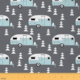 Camper Fabric by The Yard, Camping Theme Fabric by The Yard, Kids Cartoon RV Car Indoor Outdoor Fabric for Boys Gift, Upholstery and Home Accents, DIY Craft Patchwork, Grey, 1 Yard
