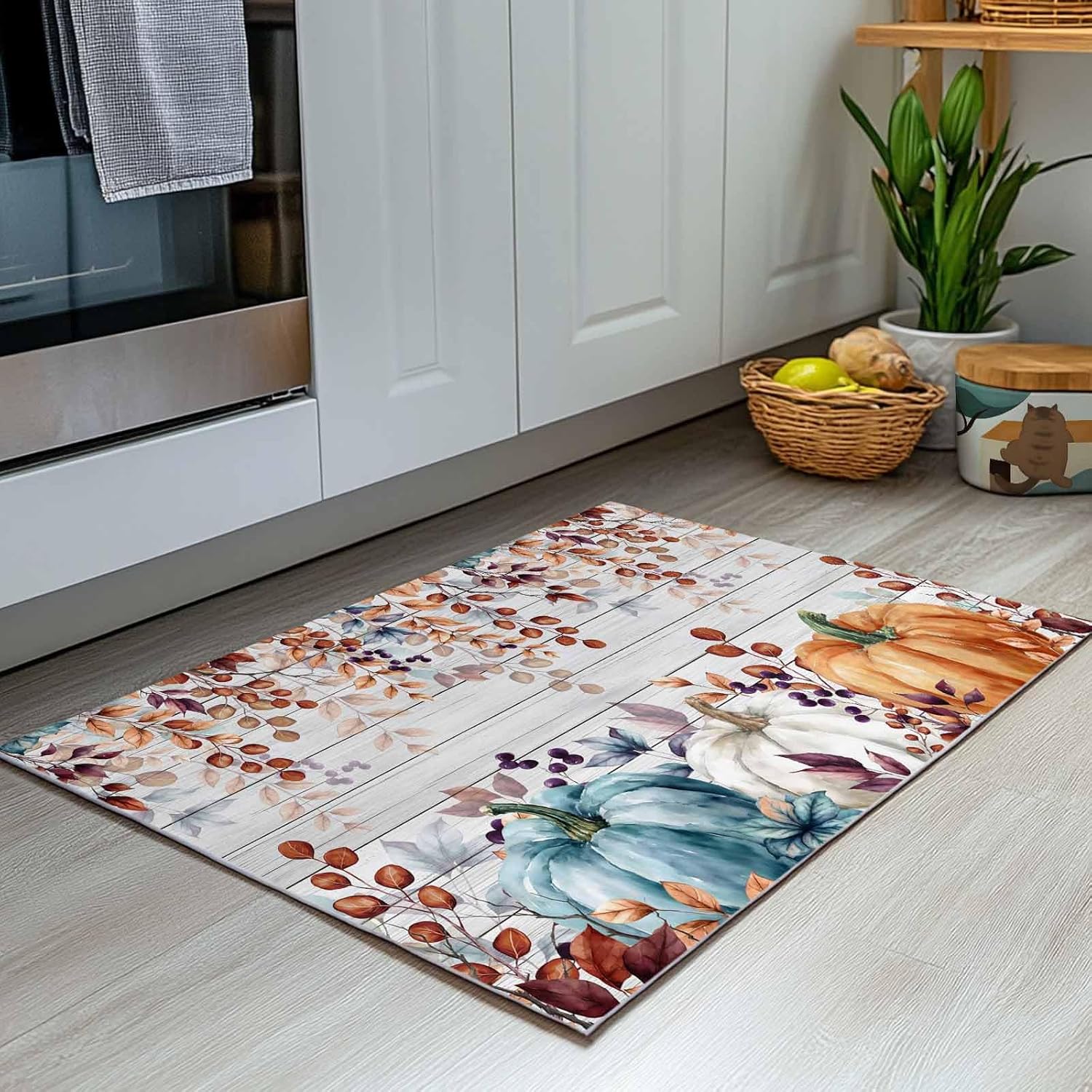 Thanksgiving Front Door Mat Indoor Entrance, Fall Leaves Orange Blue White Pumpkin Non Slip Doormat Absorbent Resist Dirt Floor Mats Washable Low Profile Inside Rugs for Entryway, 18''x30''
