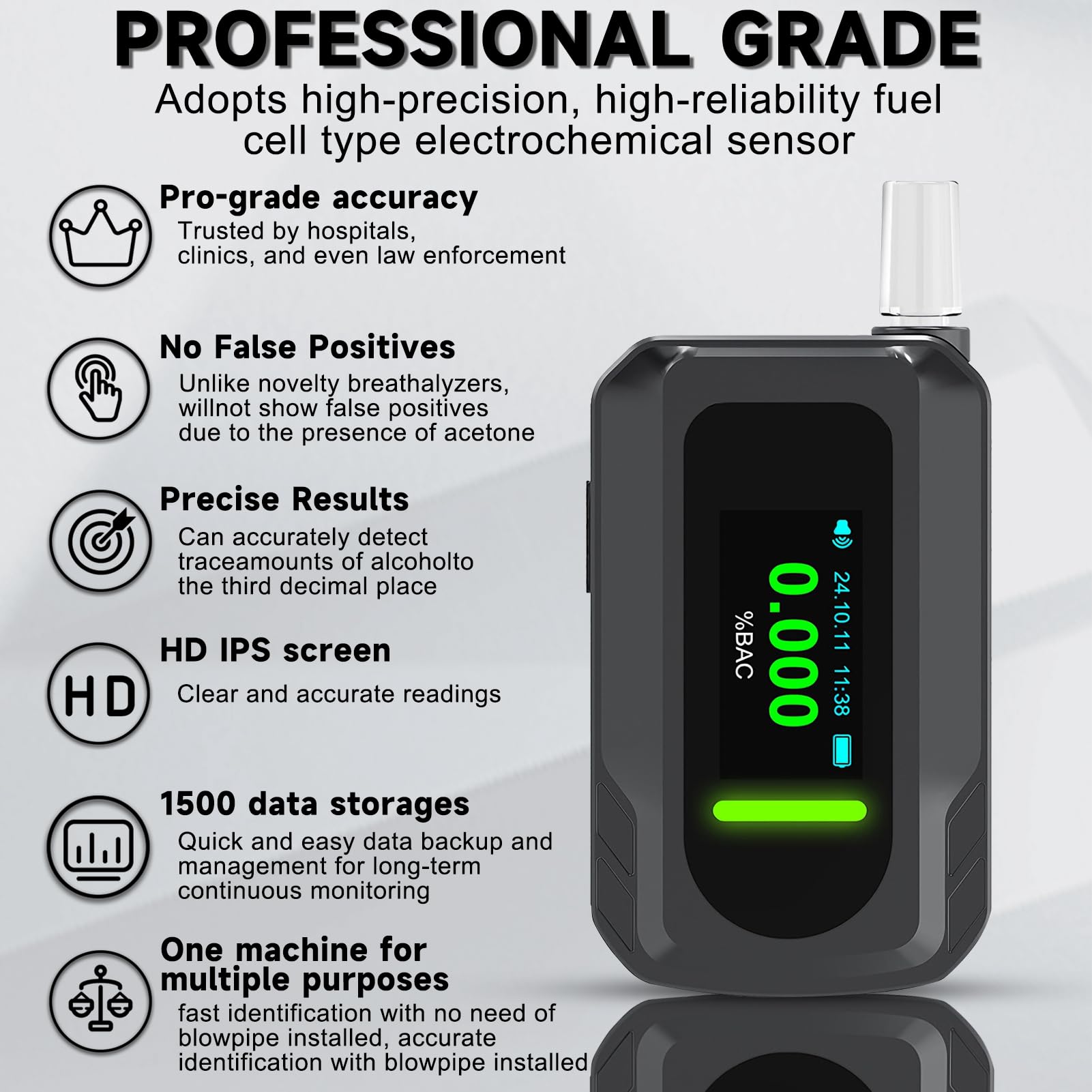 Alcoholímetro Policial con 10 boquillas, Etilometro Homologado portátil con Sensor electroquímico y Recargable USB, Test Alcoholemia de precisión Profesional para Uso en hogar/Coche