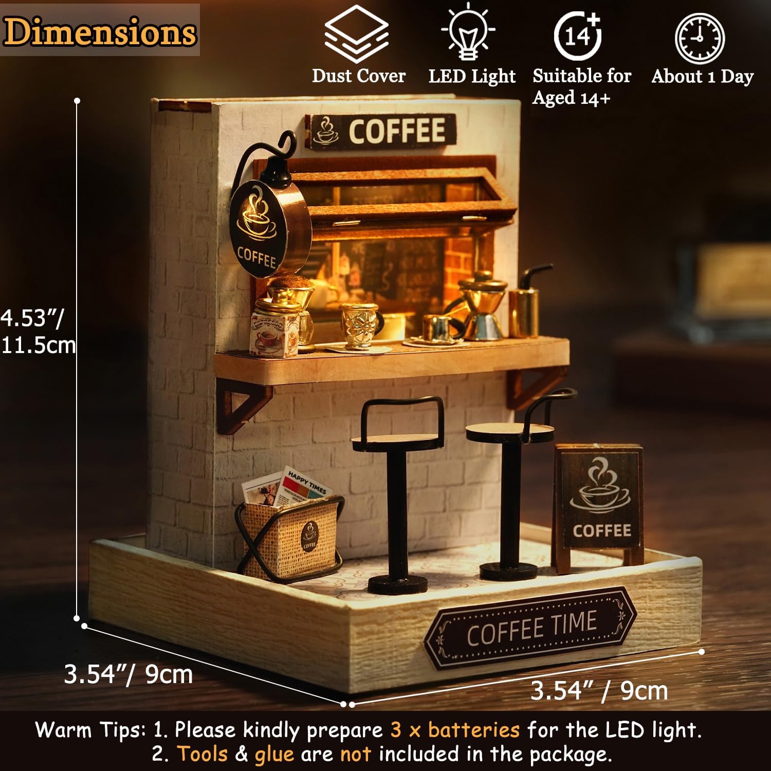 Yn agos view of miniature coffee shop details including coffee maker, cups, and jars