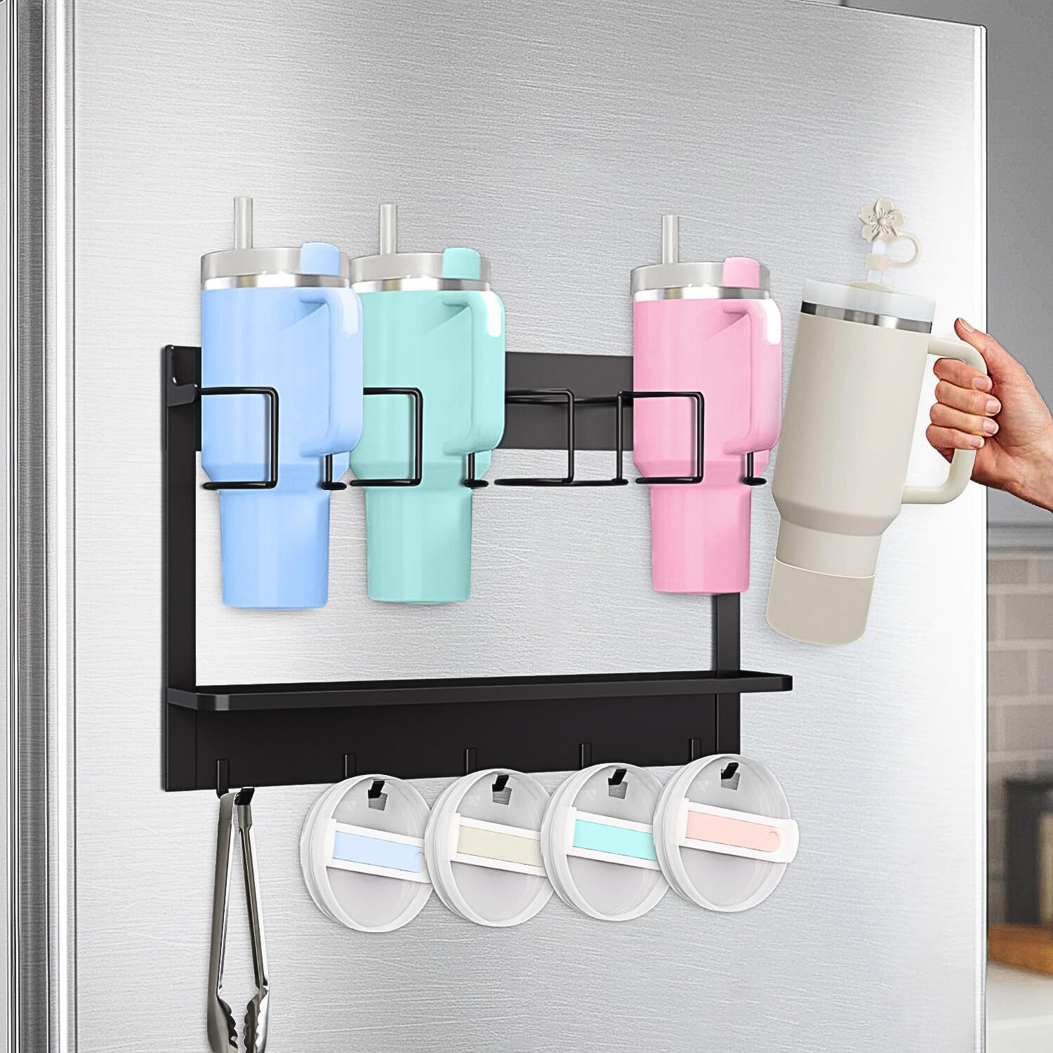 Water Bottle Organizer for Stanley Cup Accessories 20/30/40 oz, Fridge Magnetic and Wall Mount Tumbler Holder Organizer, Kitchen Water Bottle Storage Rack (Black) | 20/30/40 oz