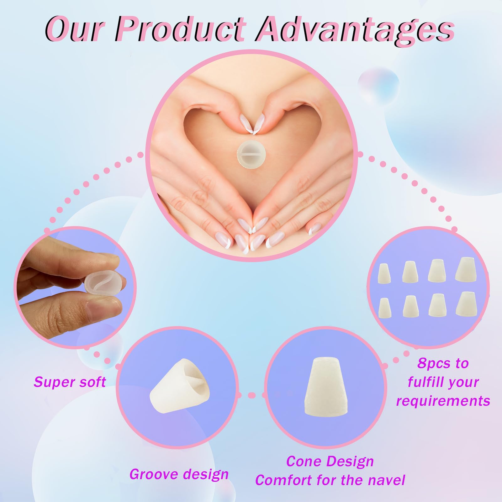 Heyshapeing 8PCS & Tape Adult Belly Button Plug Post Tummy for Adult Soft Silicone Belly Button Trainer for Liposuction (Transparent) - Image 4