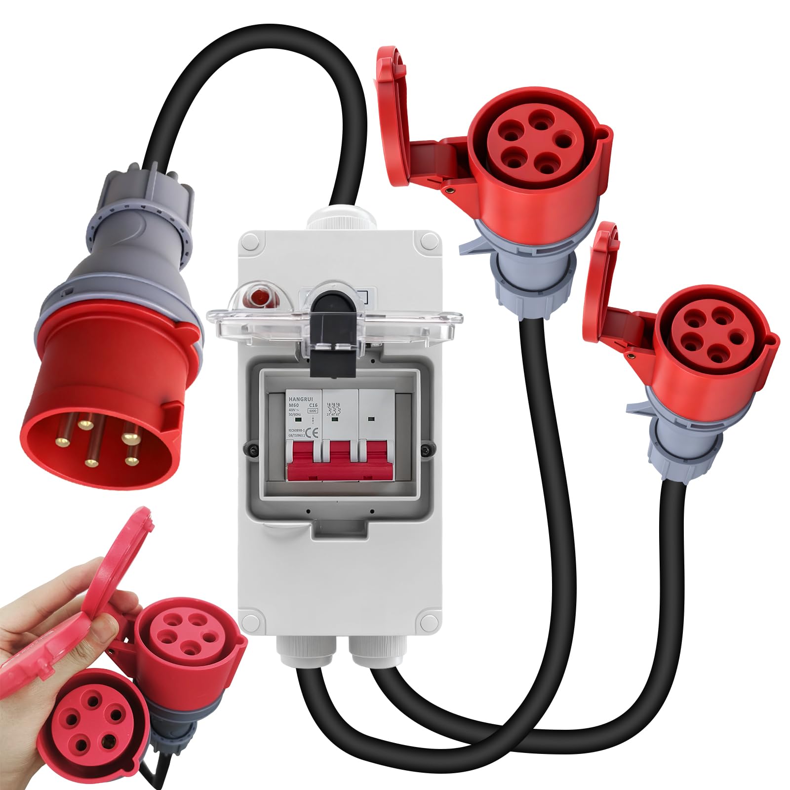 CEE Adapter 32A auf 16A, CEE Stecker Starkstromkabel Verlängerungskabel 220V-380V, IP44-66 Starkstrom Verteiler mit RCD Leitungsschutzschalter, 5 Pin Steckdose für Werkstatt, Baustelle