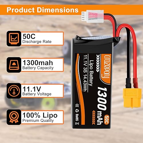 Miniatura 3 de Crazepony 3S Lipo Batería 1300mAh 50C 11.1V Lipo Batería con conector XT60 Plug para RC FPV Racing Drone Quadcopter RC Coche Barco Camión