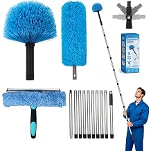 20 Feet High Reach Duster Kit with 2-14 Ft Extension Pole, Cobweb Duster with Telescoping Pole, Window Squeegee with Scrubber, Microfiber Feather Duster Cleaner, High Ceiling Fan Duster