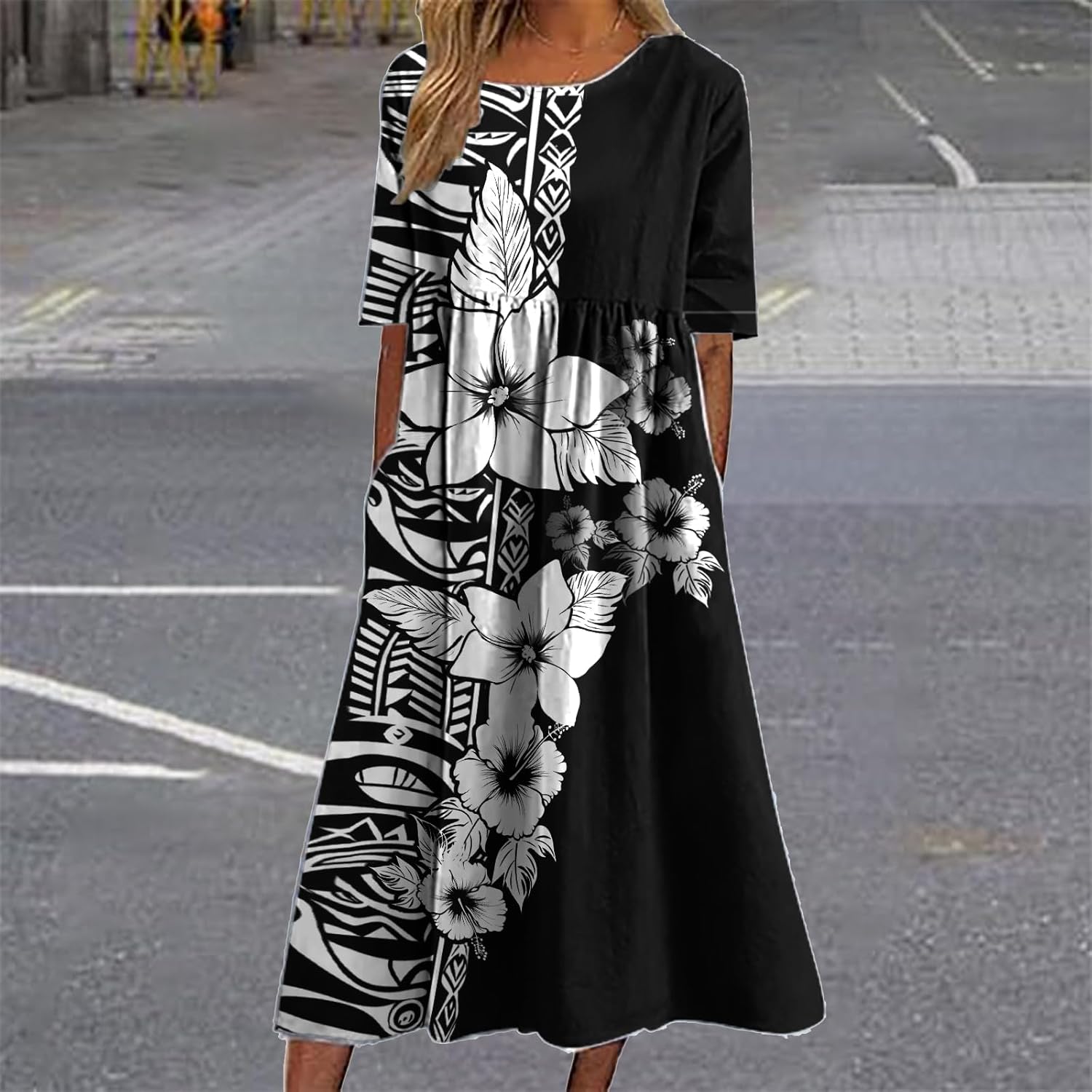Boho Dresses for Women 2025 Floral Hawaiian Casual Summer Empire Waist Short Sleeve Crewneck A Line Maxi Dress - Image 2