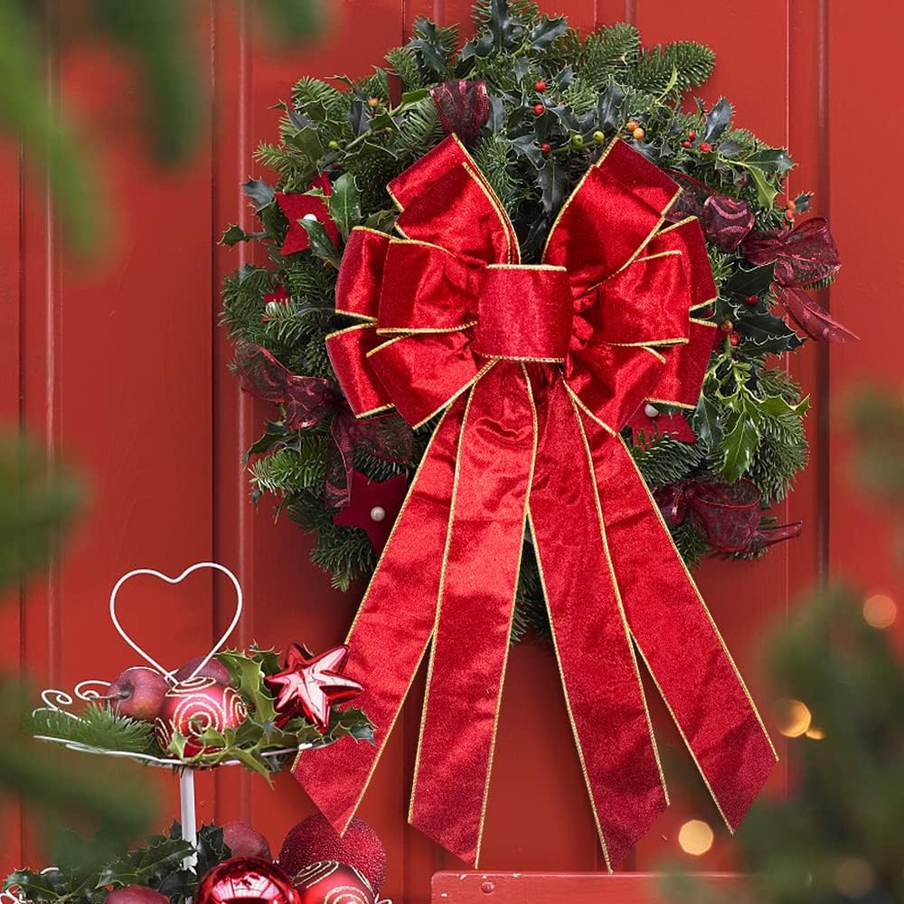 On-Airstore Large Christmas Wreath Bow, Bright Red Velvet Ribbon Bow for Wreaths Christmas Tree Topper Bows for Home Garden Indoor Outdoor Decoration Wreath Ornament Supplies - Image 4