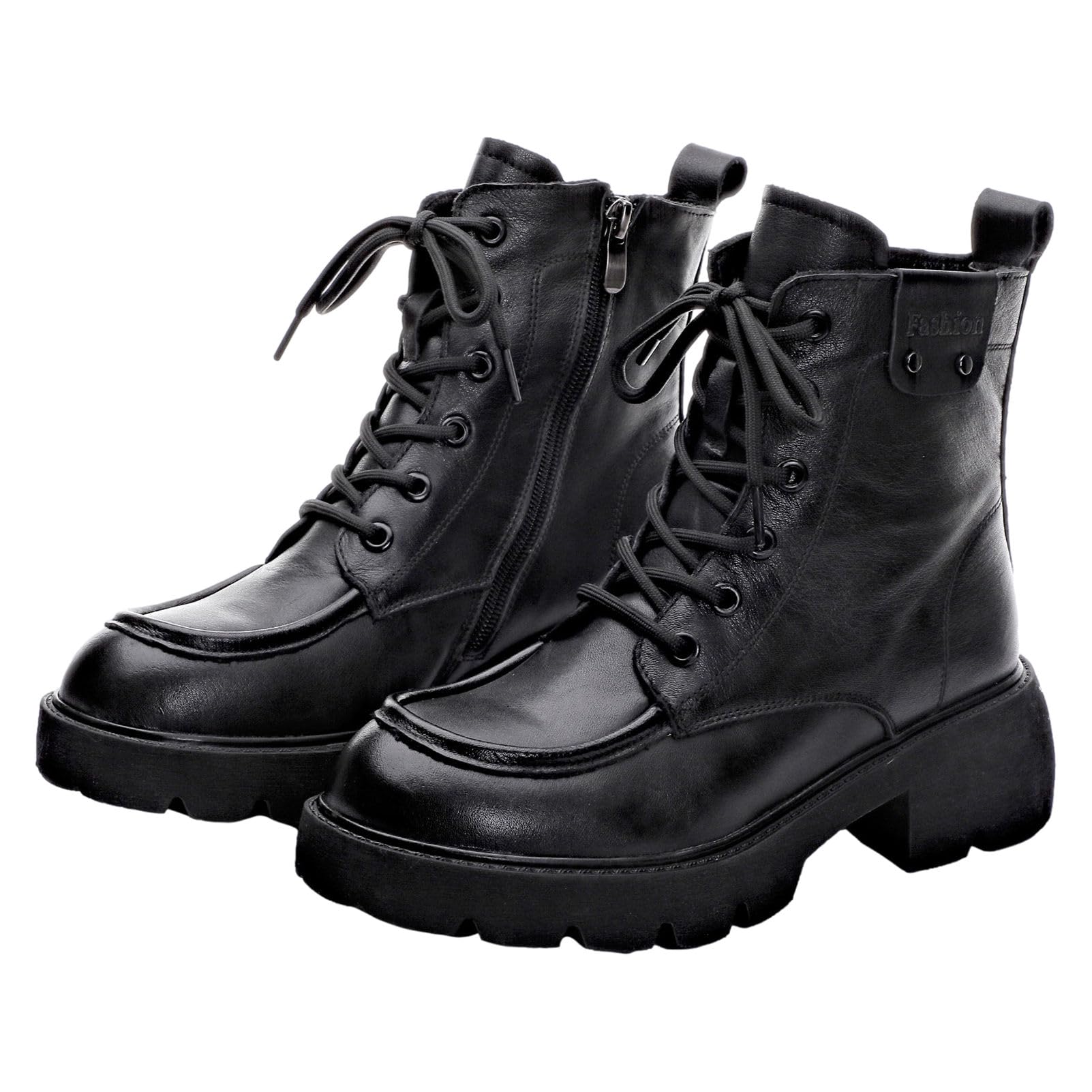 rismart Mujer Cordones Botas de Tobillo con Zip Talón Grueso Punta Redonda Cuero Botas de Combate