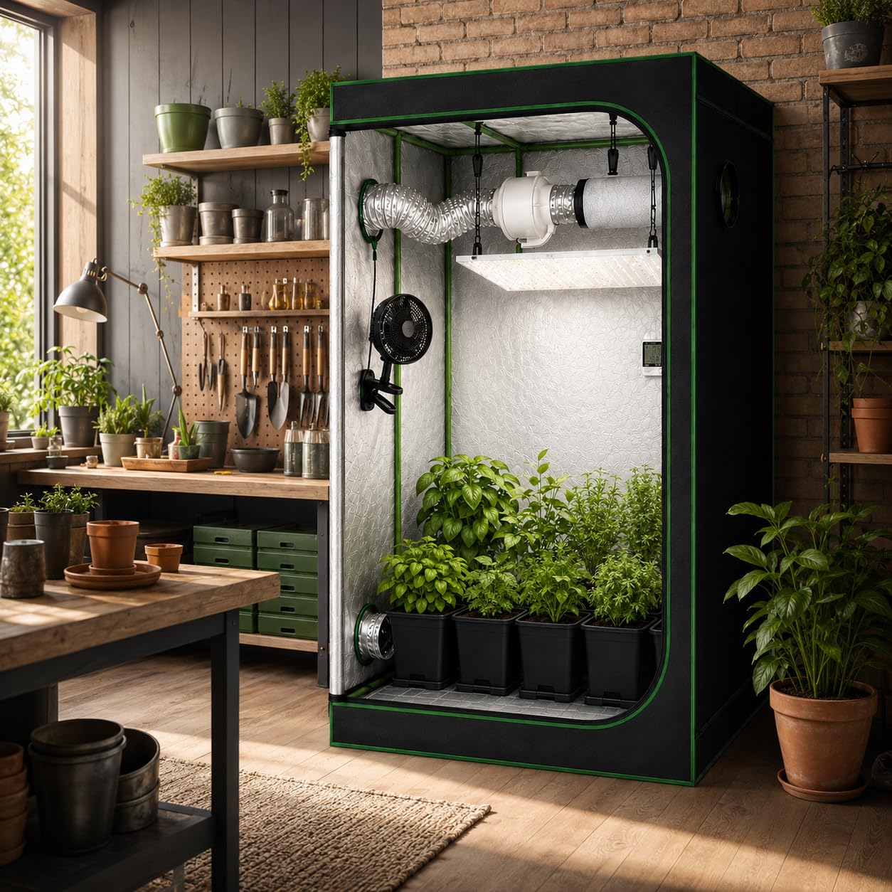 Kit de Cultivo Interior 100x100x200 cm con LED 240W, Armario Grow Completo, Extractor 325 m³/h, Filtro de Carbón, Ventilador, Termohigrómetro, Temporizador, 8 Macetas de 7L, Cultivo Indoor