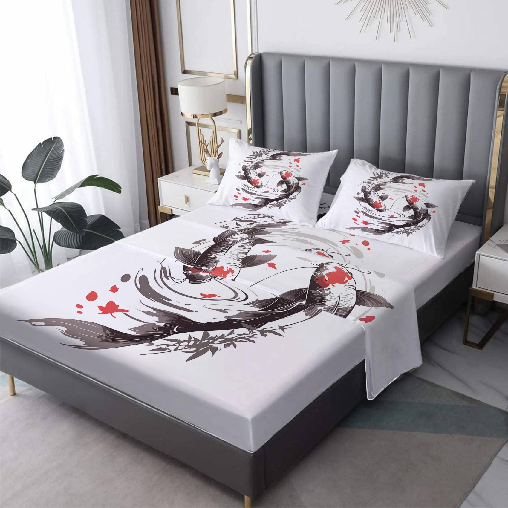 Zvynqour Koi Fish Sheet Set - Deep Pocket Fitted Sheets & Flat Sheet & Pillowcases - 4 Piece Japanese Style Bedding & Decor - Brushed Microfiber