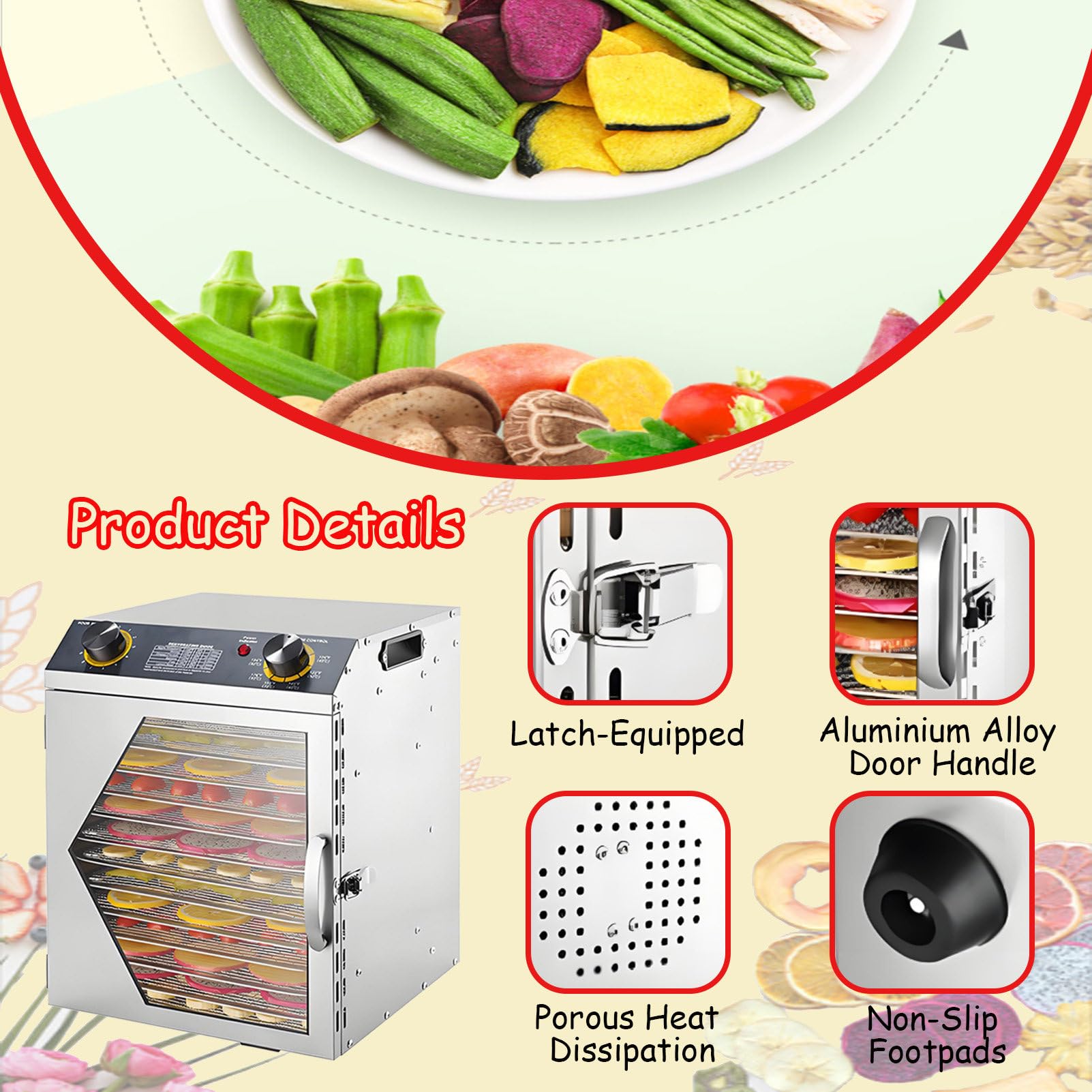 Deshidratador eléctrico comercial de alimentos – 18 bandejas de acero inoxidable, visualización LCD, secador de congelación para frutas, verduras, cecina y aperitivos, gran capacidad, secadora