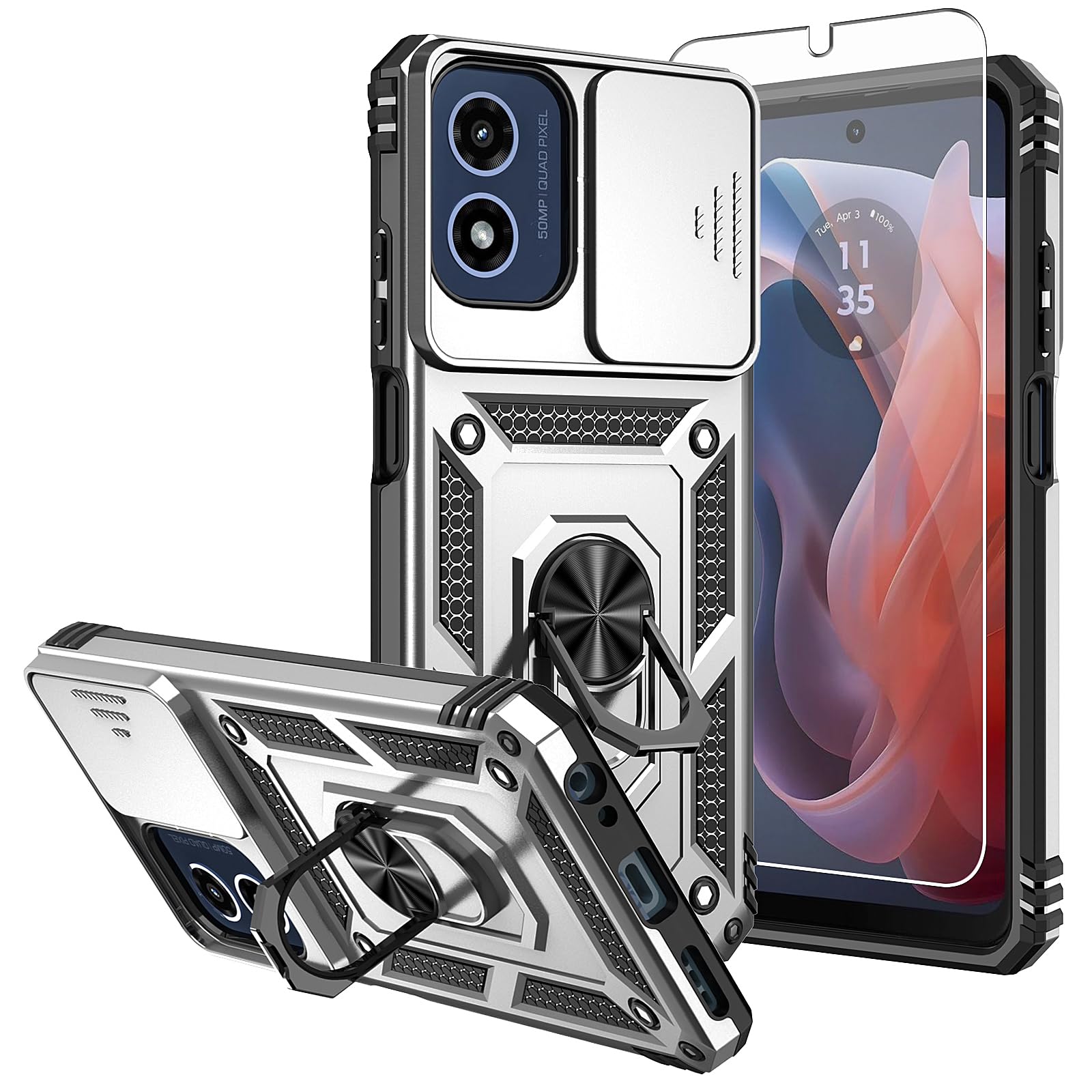 SKMY for Moto G 5G 2024 Case,with Screen Protectors and Camera Cover,[Military Grade] 16ft.Drop Tested Cover with Magnetic Kickstand Protective Case