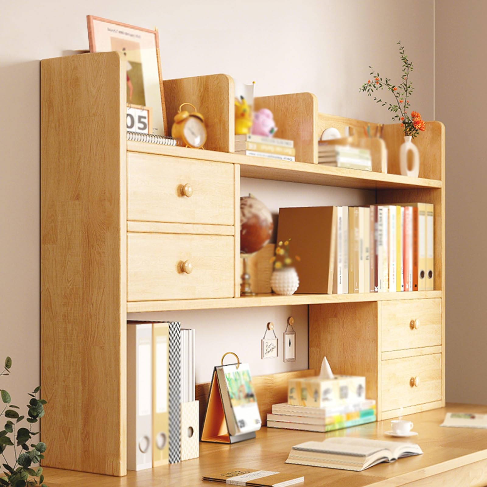 Nadstawka na Biurko w Akademiku, 3-poziomowa Półka z Litego Drewna, Mała Biblioteczka z Szufladą Do Przechowywania, Do Domu, Biura I Akademika, Zaokrąglone Rogi(Yellow,120cm/47in)