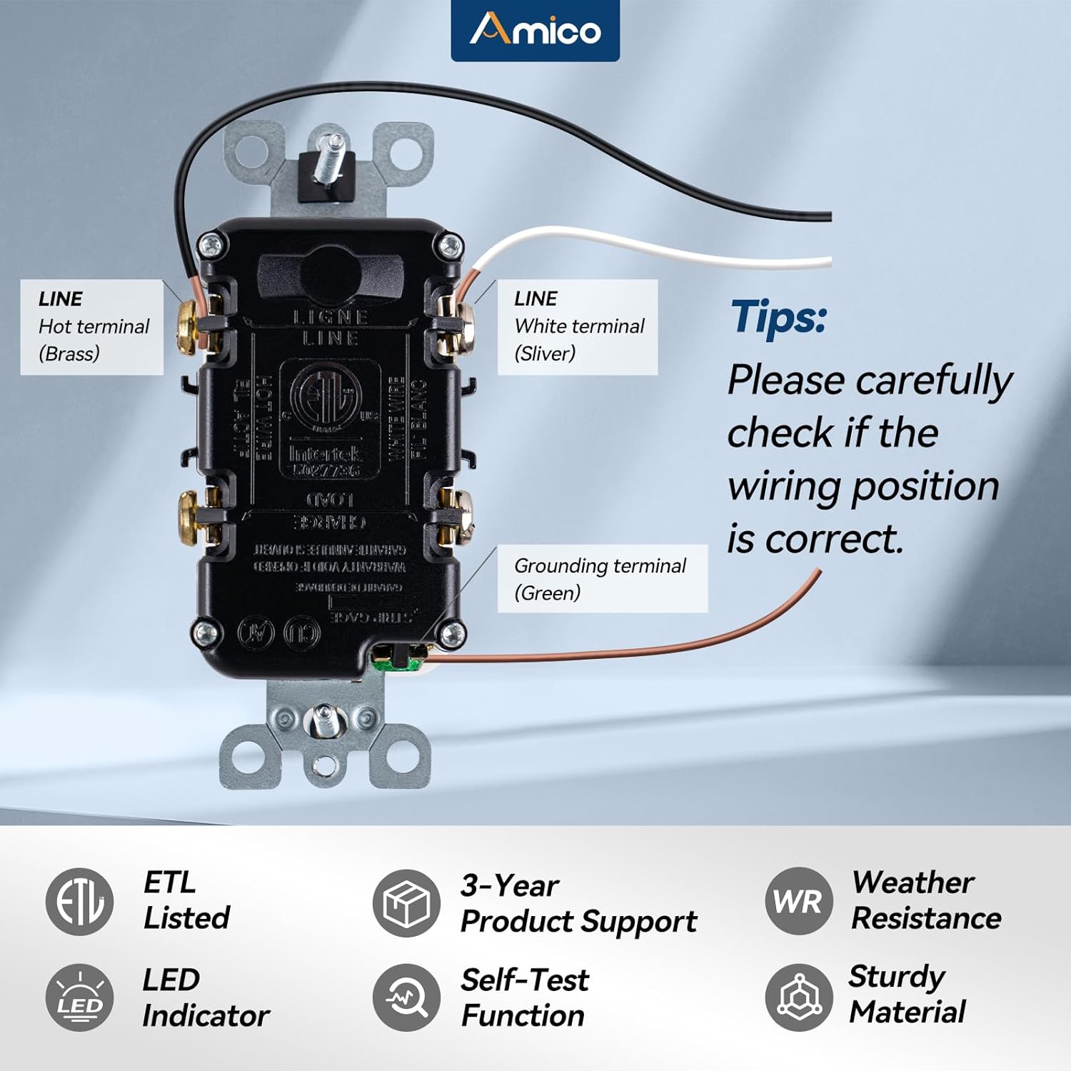 Amico 6 Pack GFCI Outlet 15 Amp with Thinner Design, Weather Resistant (WR), Self-Test GFI Receptacles with LED Indicator, Wall Plates and Screws Included, Indoor or Outdoor, ETL Listed, White