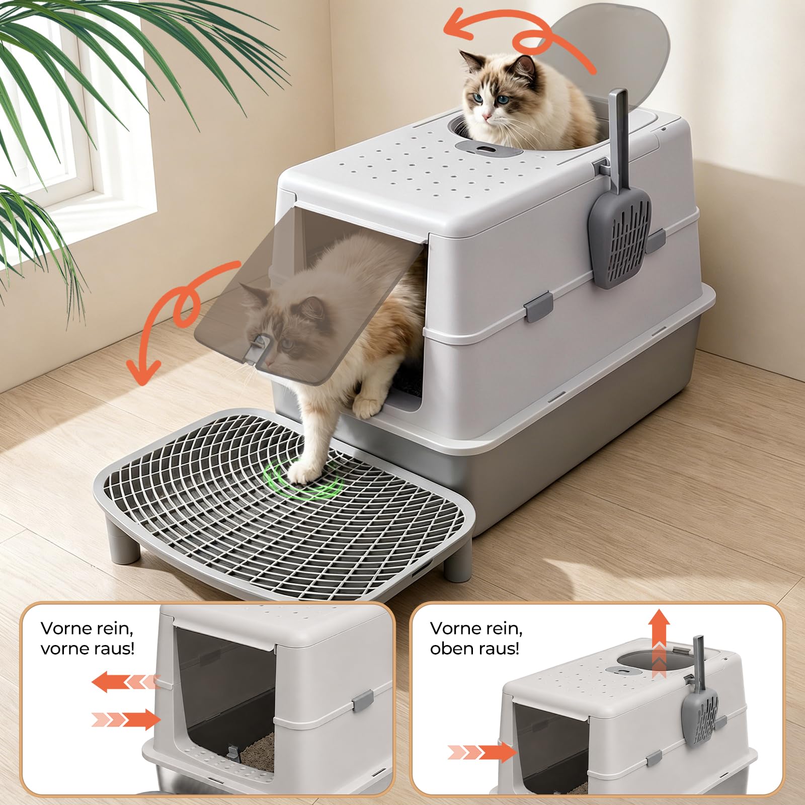 XXL Edelstahl Katzentoilette mit Deckel - 60x43x40cm Großes Katzenklo geschlossen, 120° Klappdeckel, Auslaufsicher für Stehpinkler & Große Katzen, inkl. Streu-Treppe & Schaufel, Grau