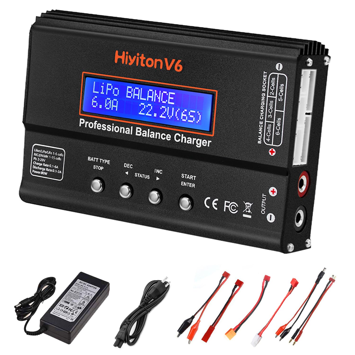 Lipo Battery Charger, 1S-6S Balanced Charger Discharger, 1-6S Lipo Li-ion NiMH NiCD Li-Fe Battery with Tamiya XT60 Deans Futaba Connector