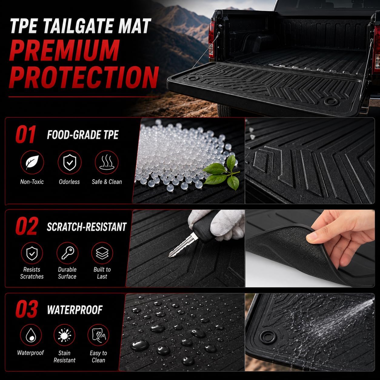 Tailgate Mat Fits Dodge Ram 1500 2019-2026 | TPE Tailgate Liner, All Weather Black (Diamond Texture,Fuel Version)