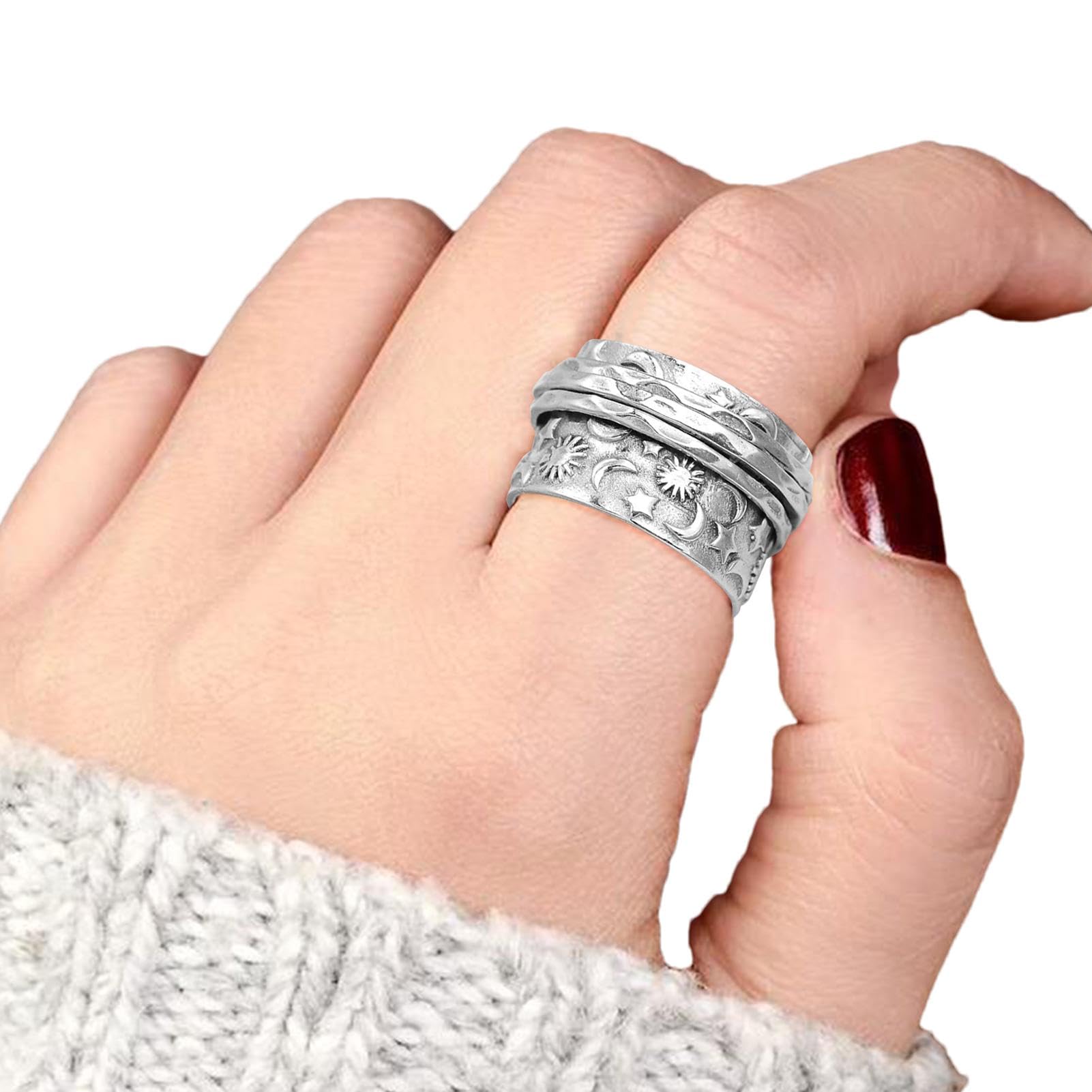 Gomice Anneau Spinner pour Anneaux Anxiété Fidget | Anneau de Fidget Rotatif Lune et Étoile Anti-Stress | Bague de Fiançailles pour Femmes et Hommes